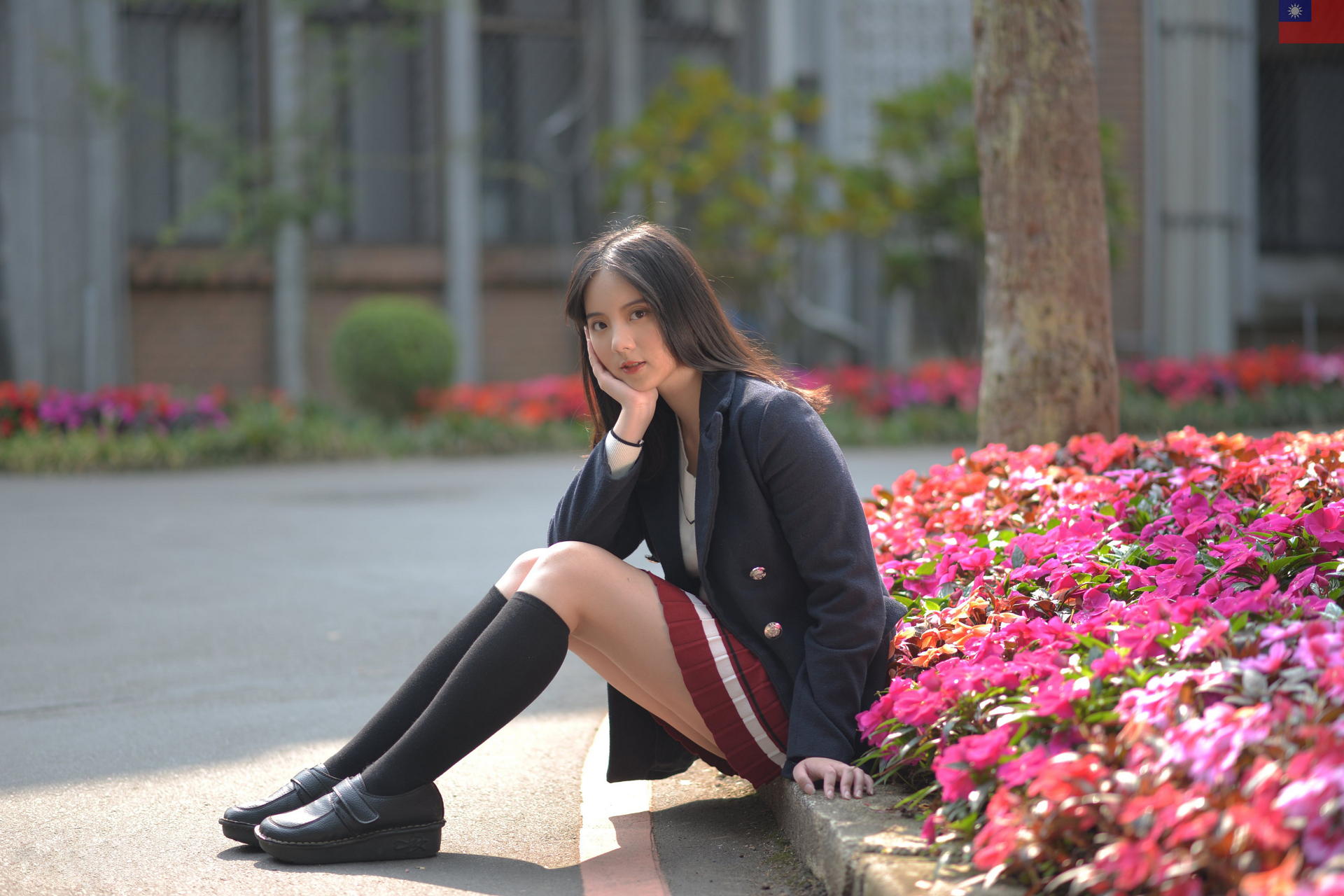 Asian Model Women Dark Hair Long Hair School Uniform Shoes Black Socks Skirt Blazers Flowers Depth O 1920x1280