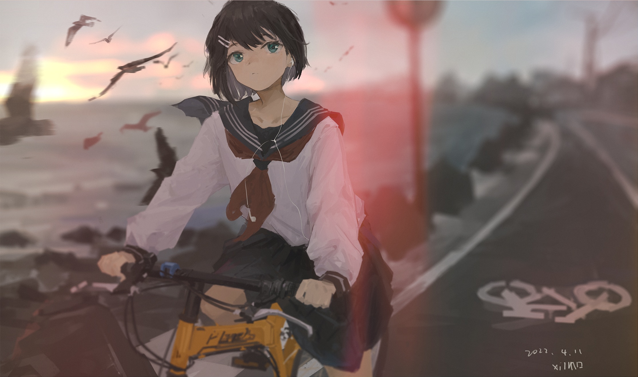 Anime Anime Girls Schoolgirl Birds Bicycle Earphones Short Hair Black Hair Green Eyes School Uniform 2230x1320