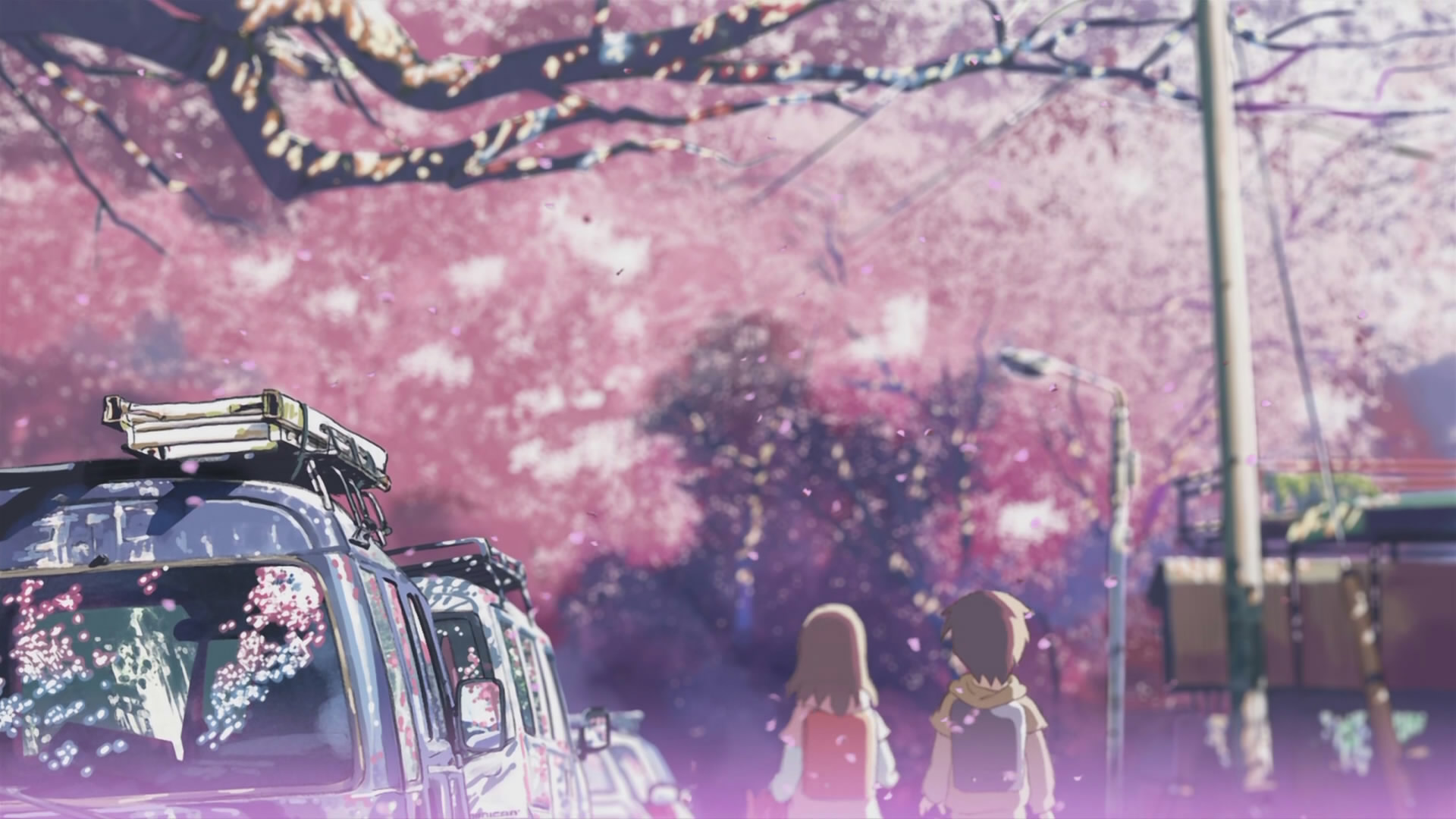 5 Centimeters Per Second Cherry Blossom Reflection Japanese Cars Backpacks Walking Pink Purple Stree 1920x1080