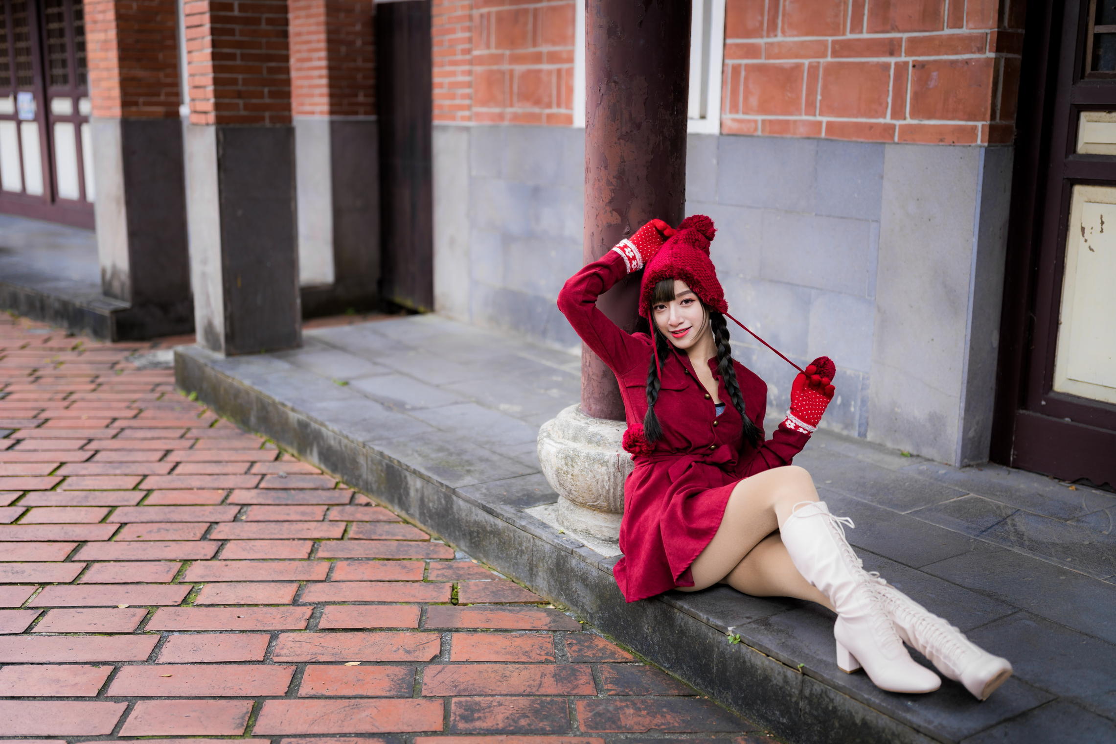 Asian Model Women Long Hair Dark Hair Depth Of Field Tiled Floor Sitting Column Leaning Red Dress Wo 2281x1520