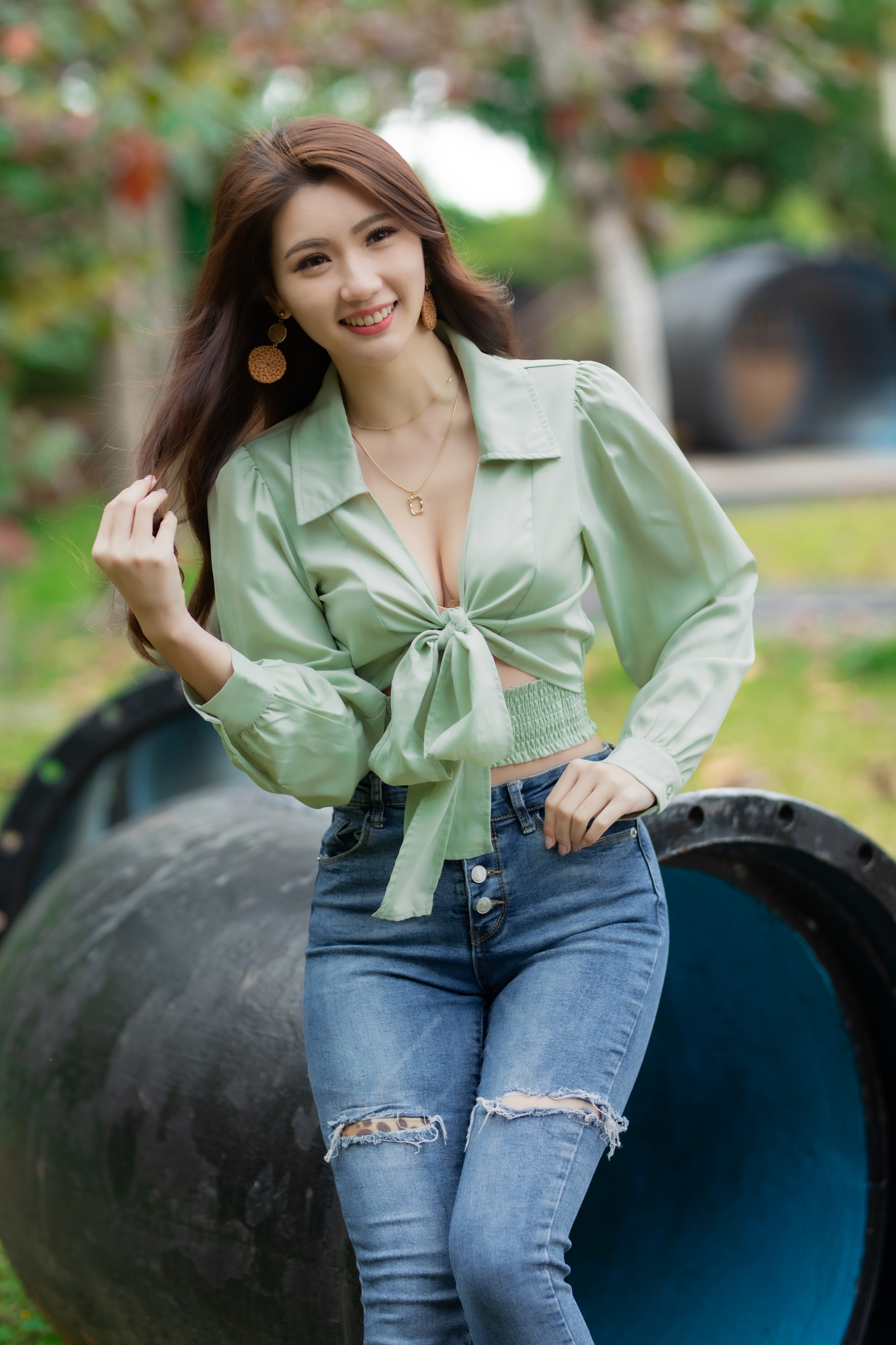 Asian Model Women Long Hair Dark Hair Blouse Jeans Leaning Playground Necklace Earring Depth Of Fiel 2560x3840