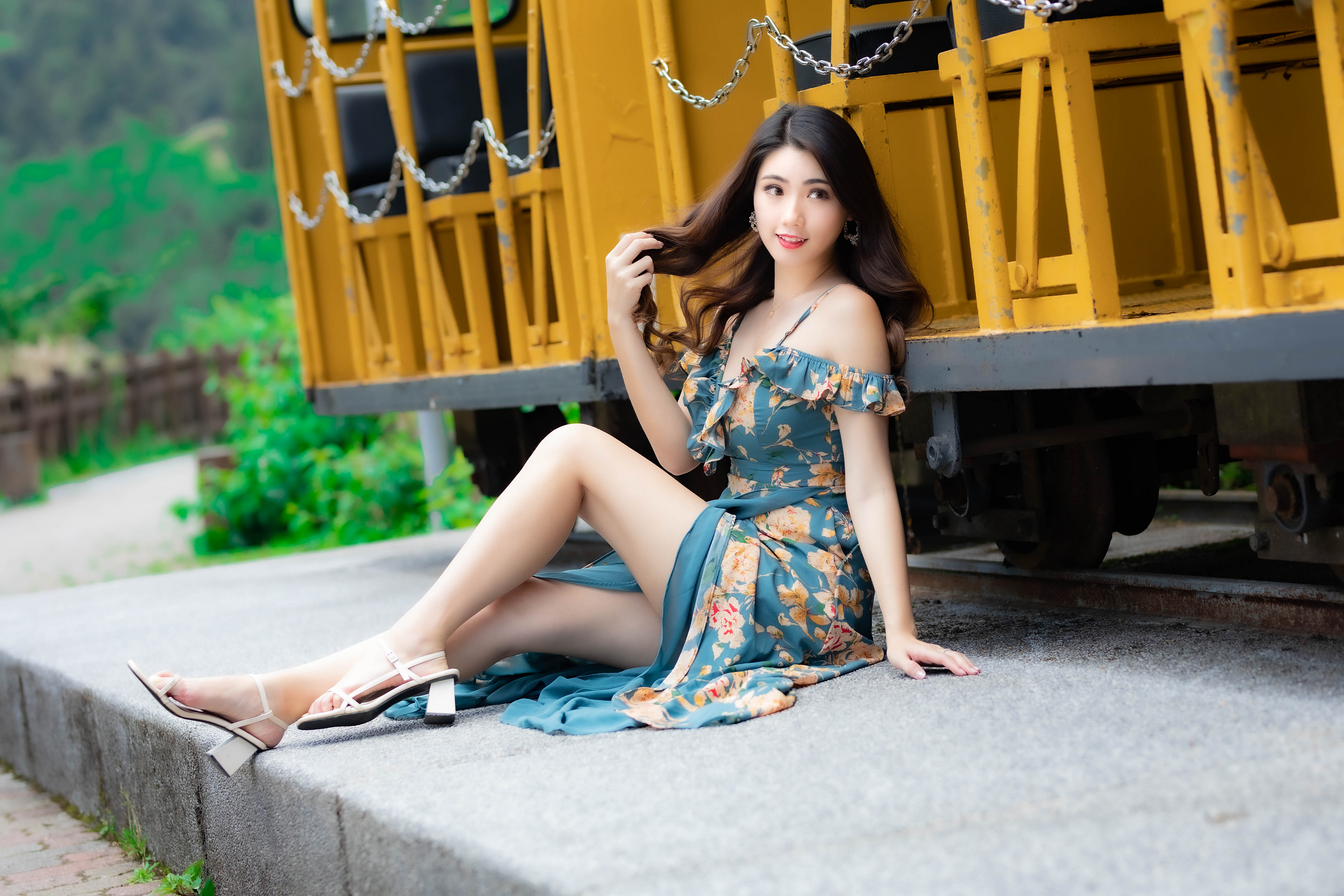 Model Women Long Hair Dark Hair Sitting Barefoot Sandal Railway Leaning Depth Of Field Bushes Flower 3840x2560