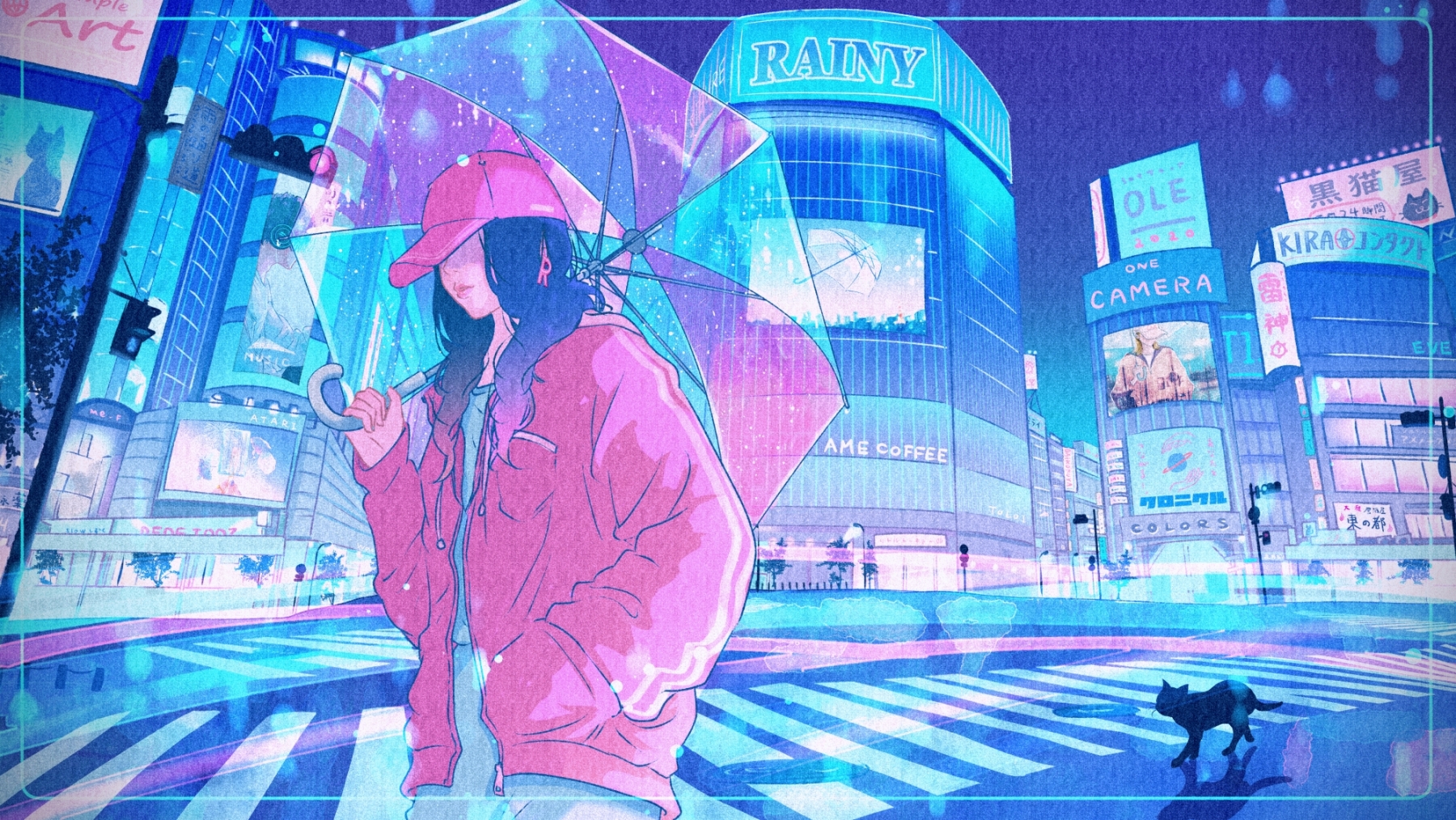 Anime Anime Girls Tokyo Umbrella Black Cats City Lights Road Long Hair Dark Hair Baseball Cap Jacket 1800x1013