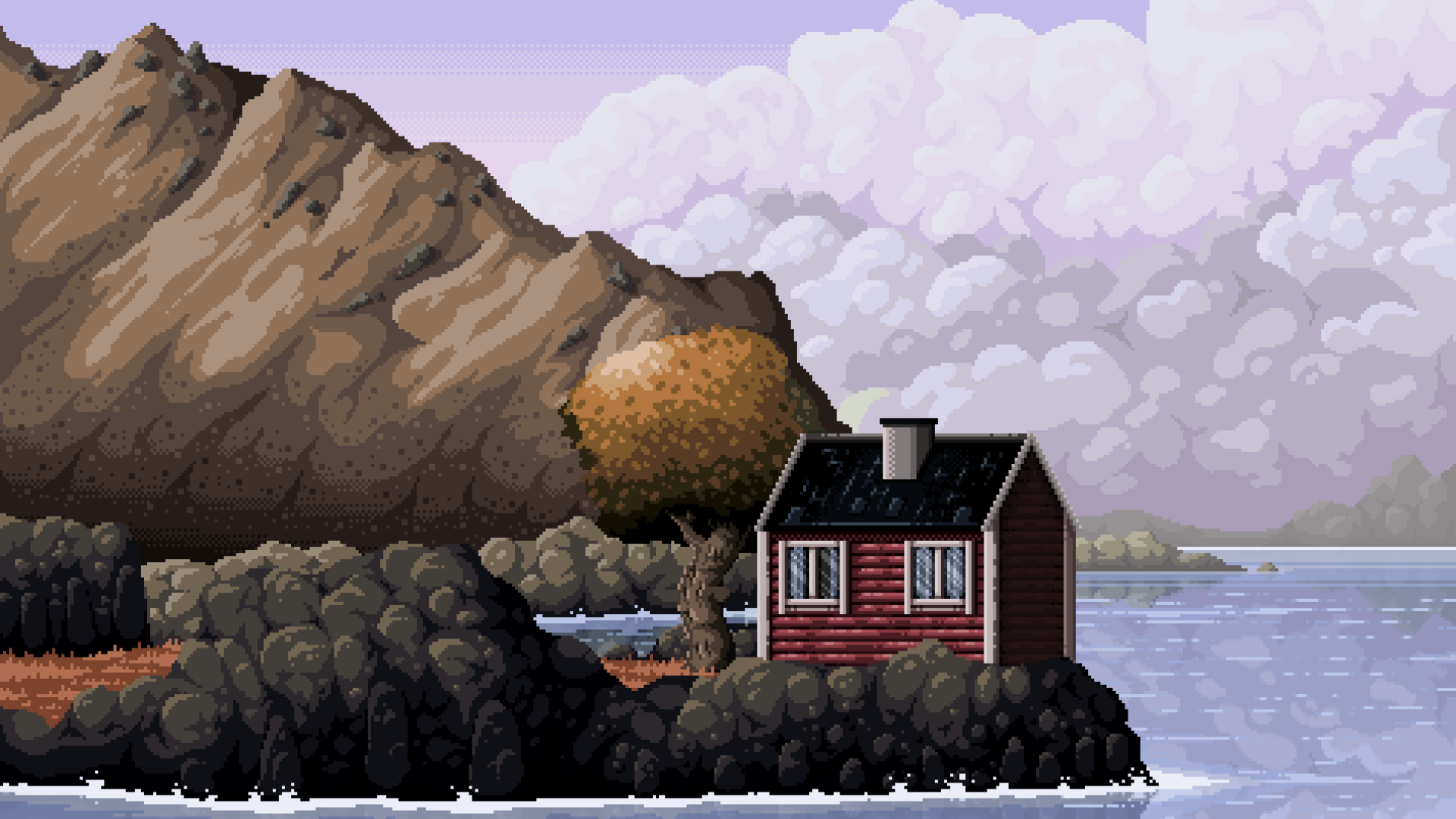 Artwork Digital Art Pixel Art Pixelated Pixels House Trees Mountains Rock Lake Clouds 1920x1080