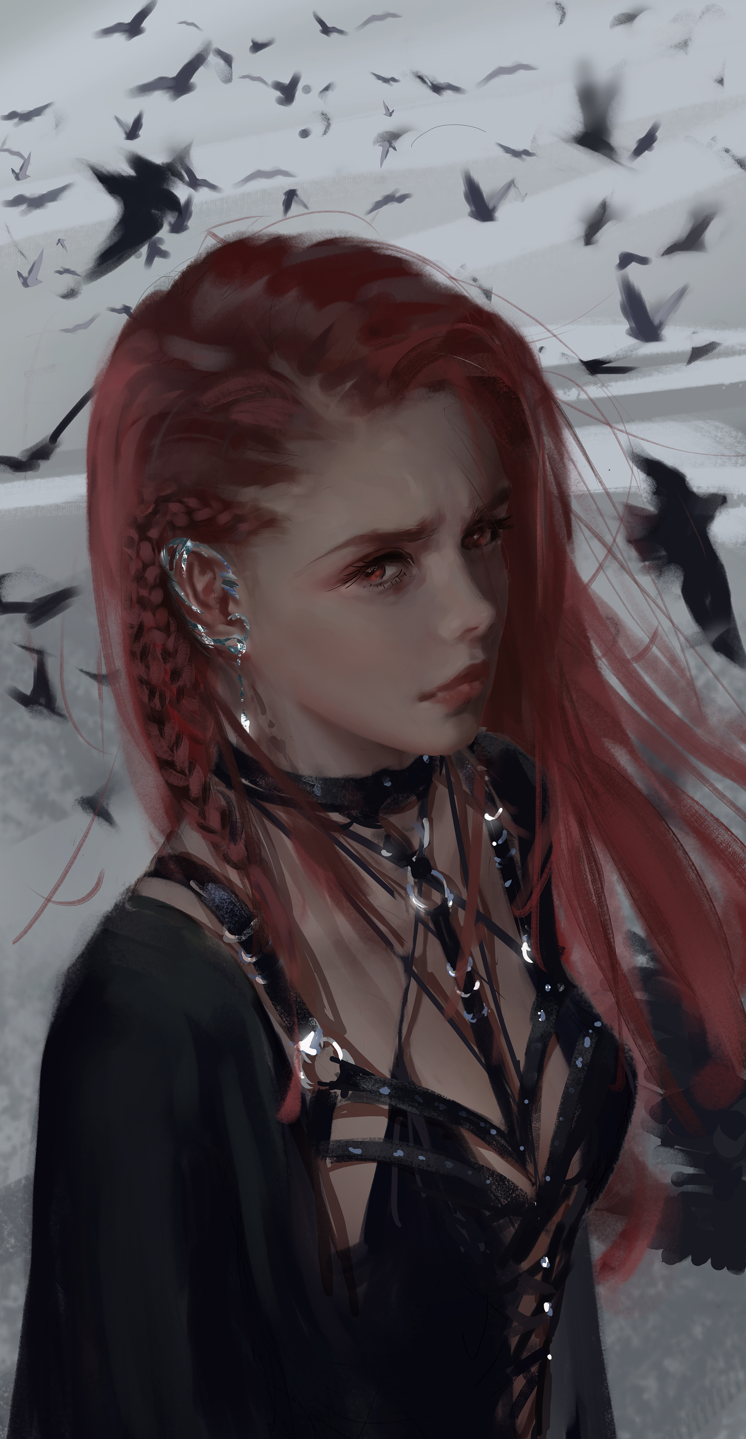 WLOP Digital Art Redhead Crow Fantasy Girl Birds Face Women 2408x4644