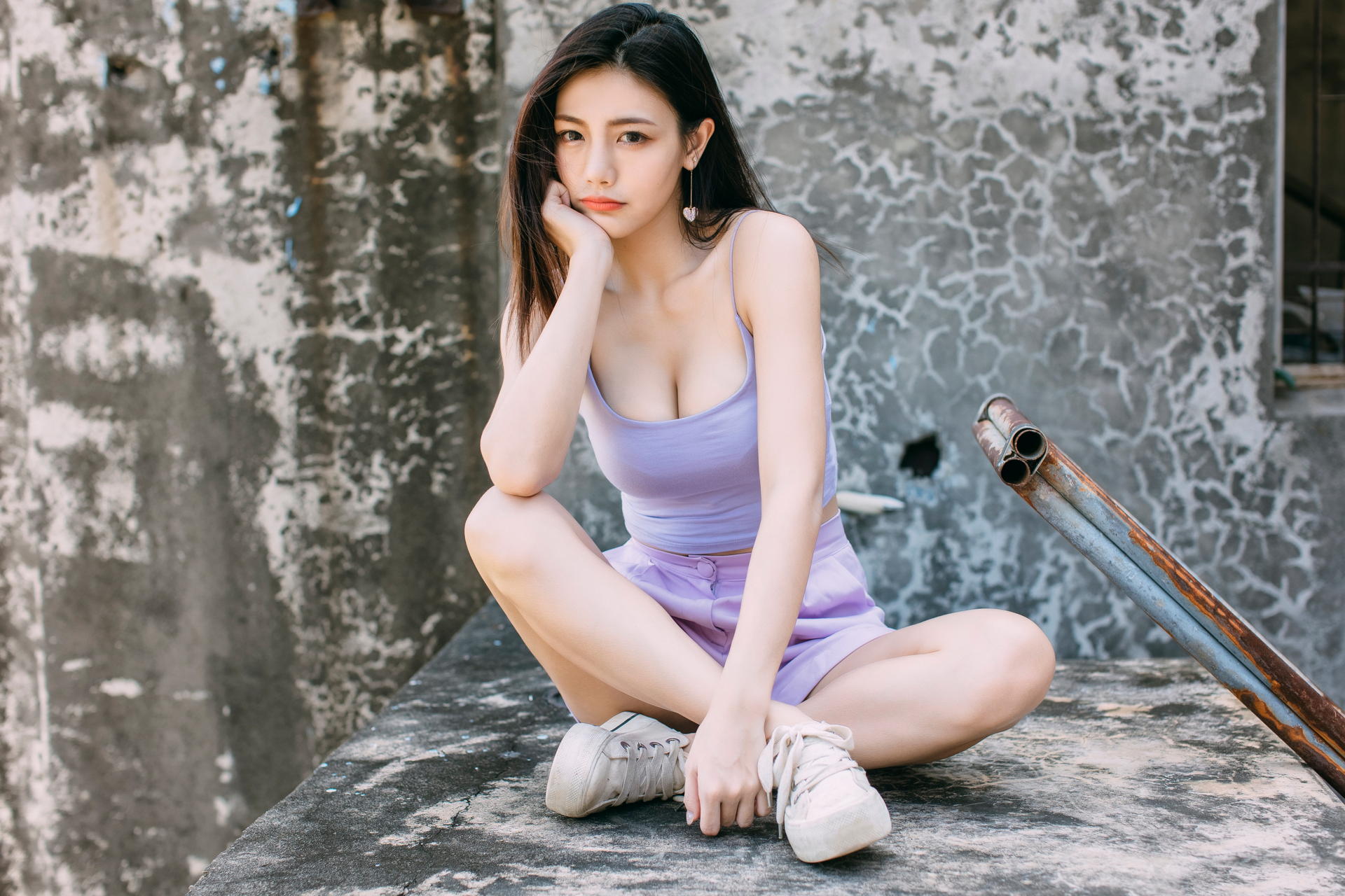 Asian Model Women Long Hair Dark Hair Sitting Legs Crossed Sneakers Violet Shirt Shorts Earrings Loo 1920x1280