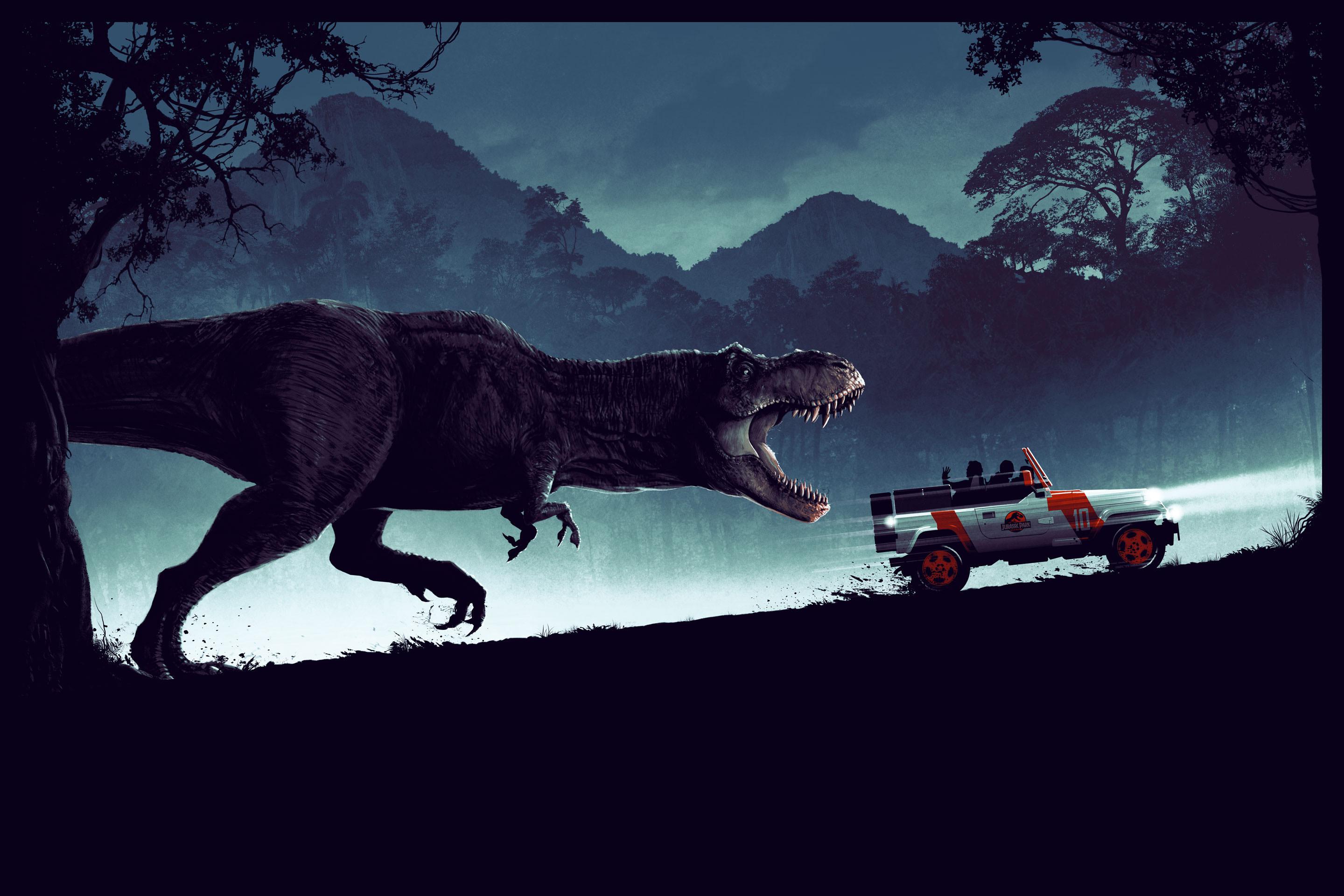 Digital Art Fantasy Art Dinosaurs T Rex Jeep Car Night Jurassic Park Forest Jungle Movie Poster 2880x1920