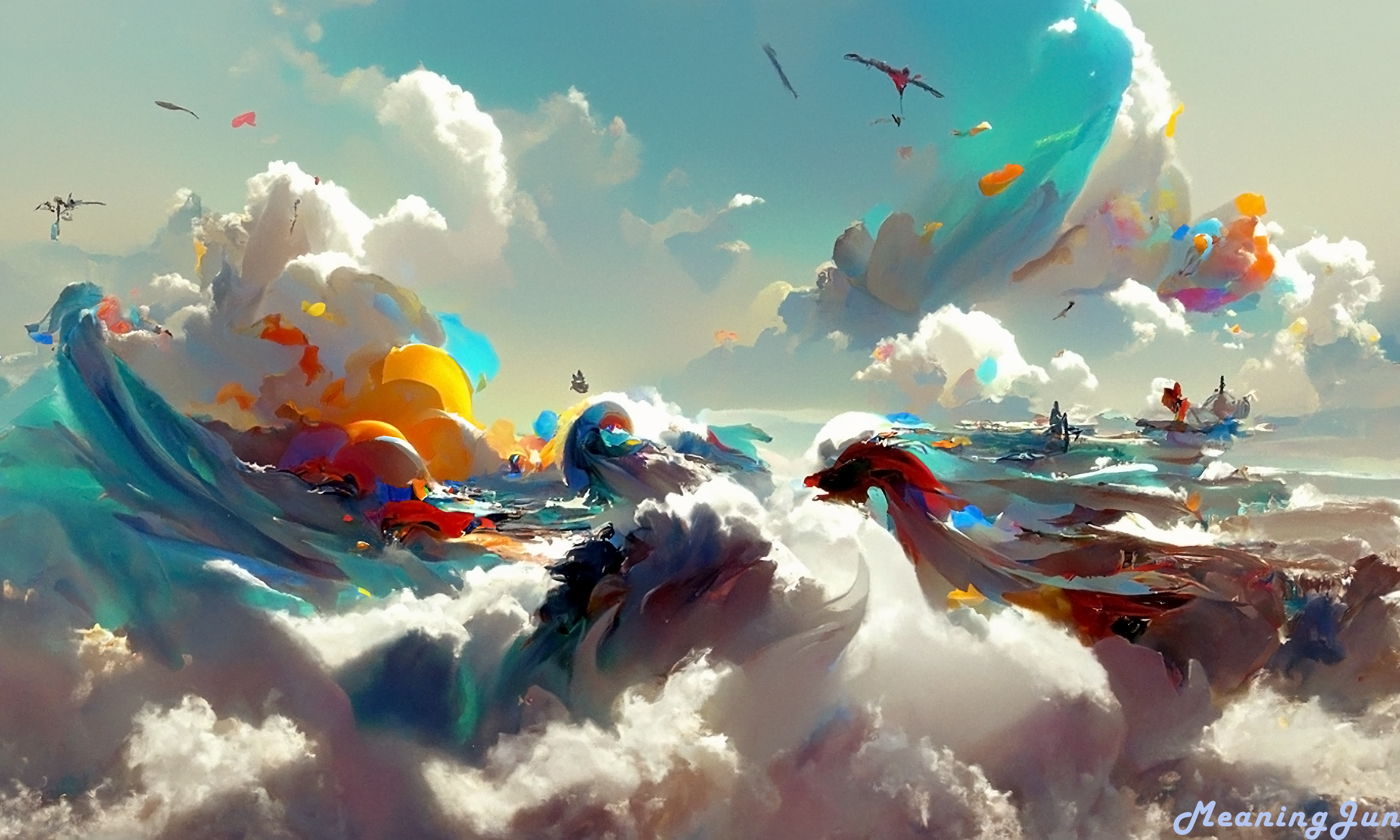 MeaningJun Ai Digital Art Ocean View Seagulls Colorful 3600x2160