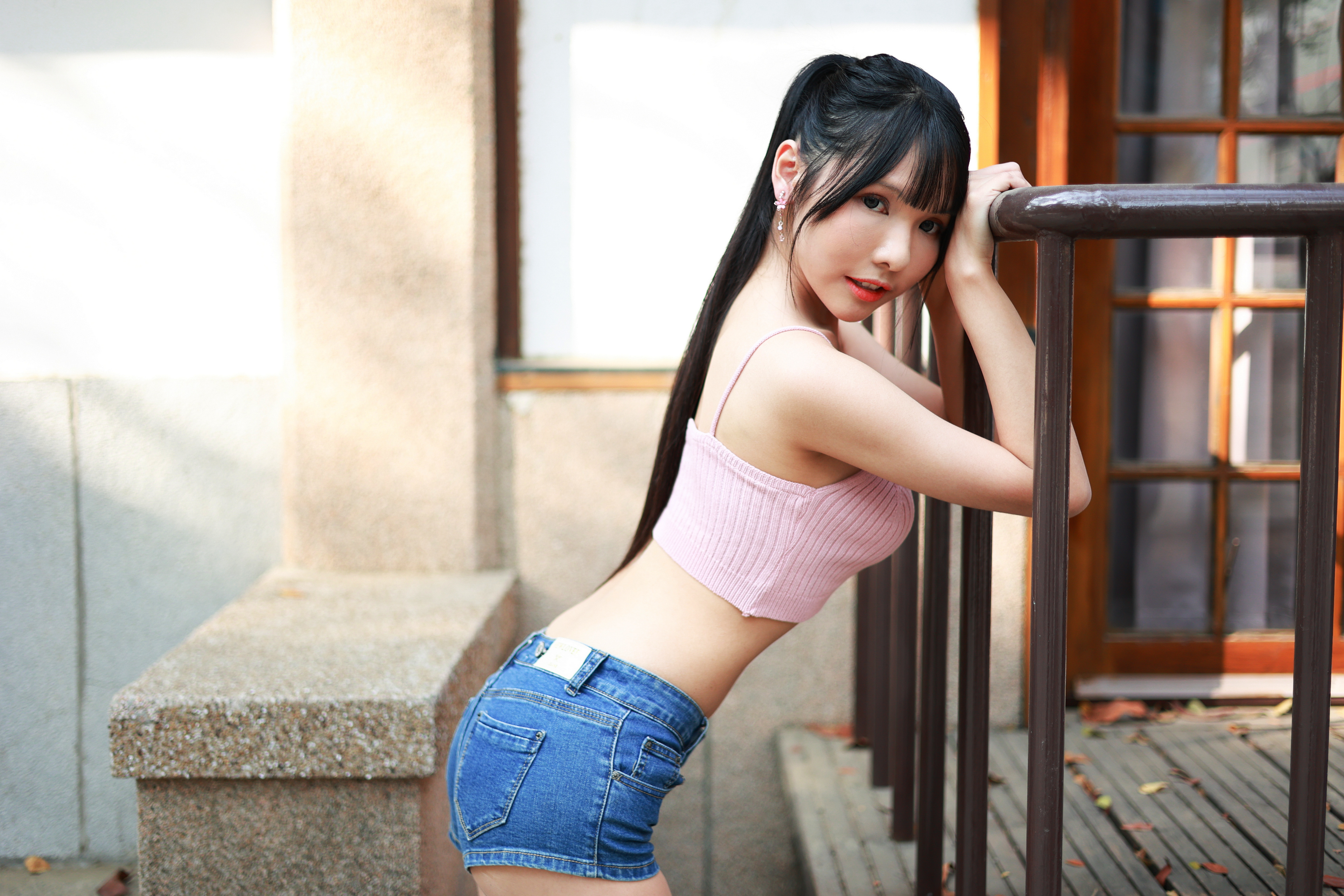 Asian Model Women Long Hair Dark Hair Short Tops Ponytail Railings Leaning Terraces Window Vicky 3840x2560