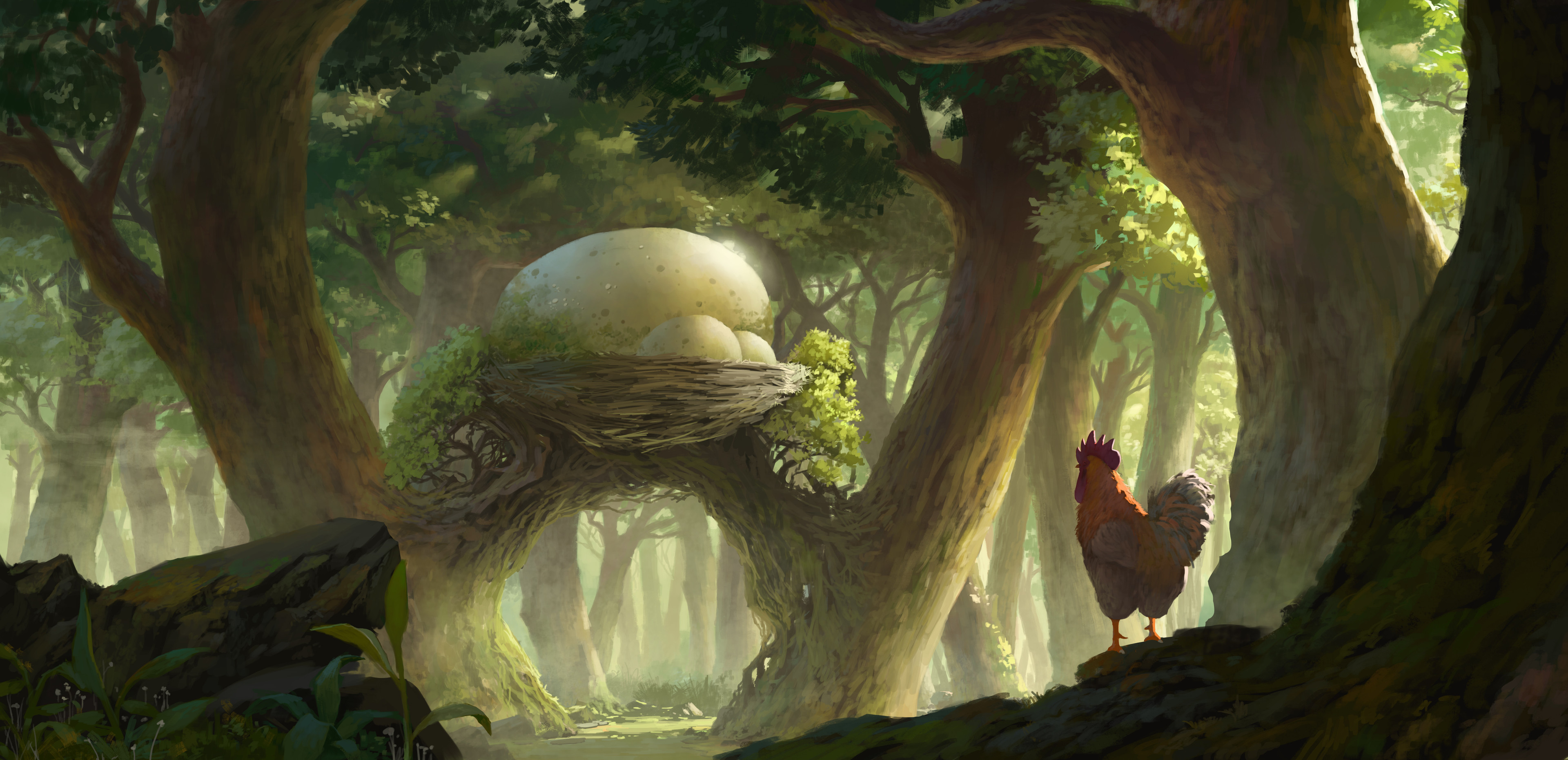 Sin Jong Hun Digital Art Fantasy Art Giant Chickens Forest Trees Eggs Nests 3840x1860