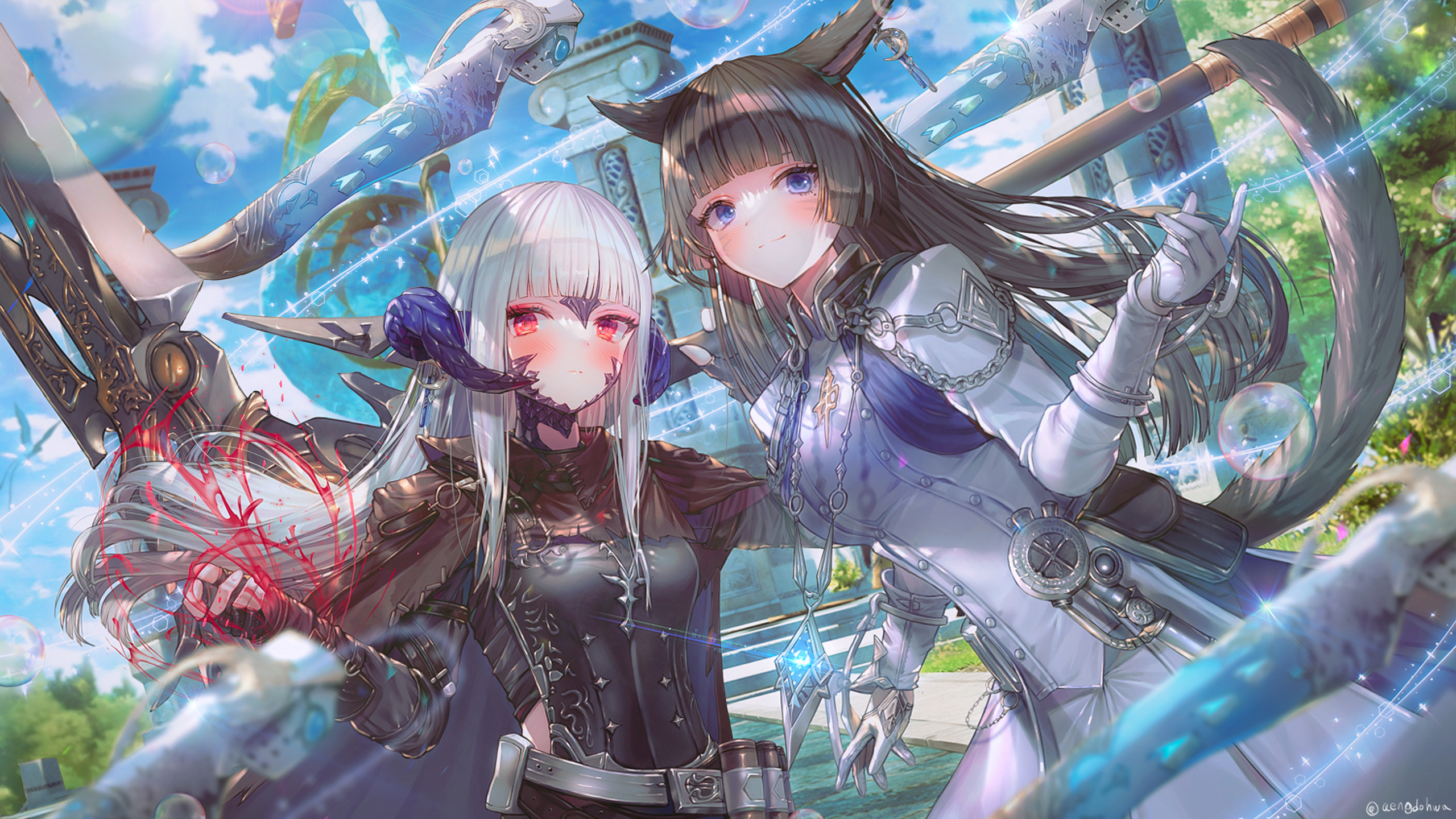 Final Fantasy White Hair Miqote Artwork Anime Girls Animal Ears Animal Tail Au Ra 2560x1440