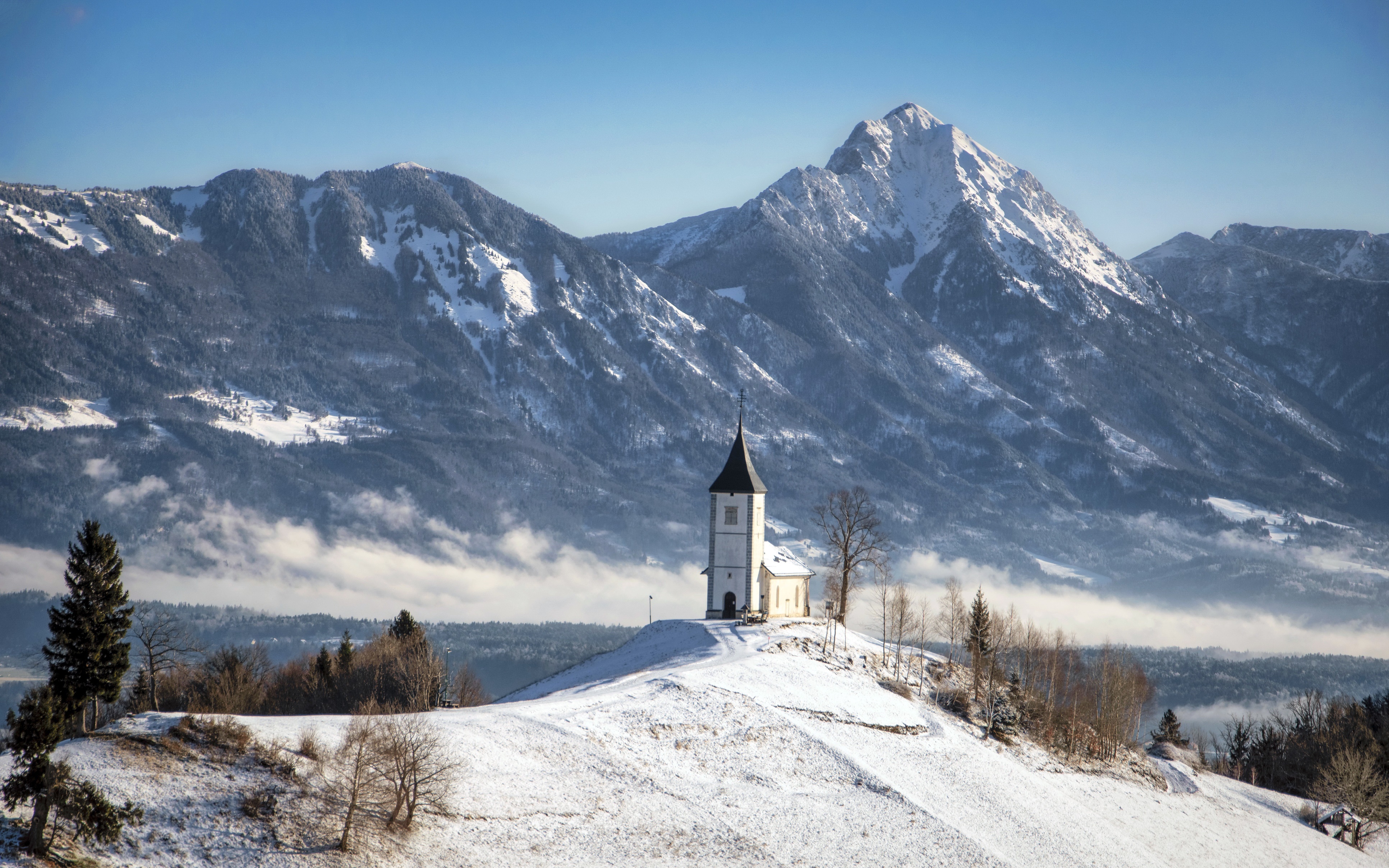 Slovenia Landscape Nature Outdoors Church Building Mountains Winter Snow Cold Snowy Mountain Snowy P 3865x2416