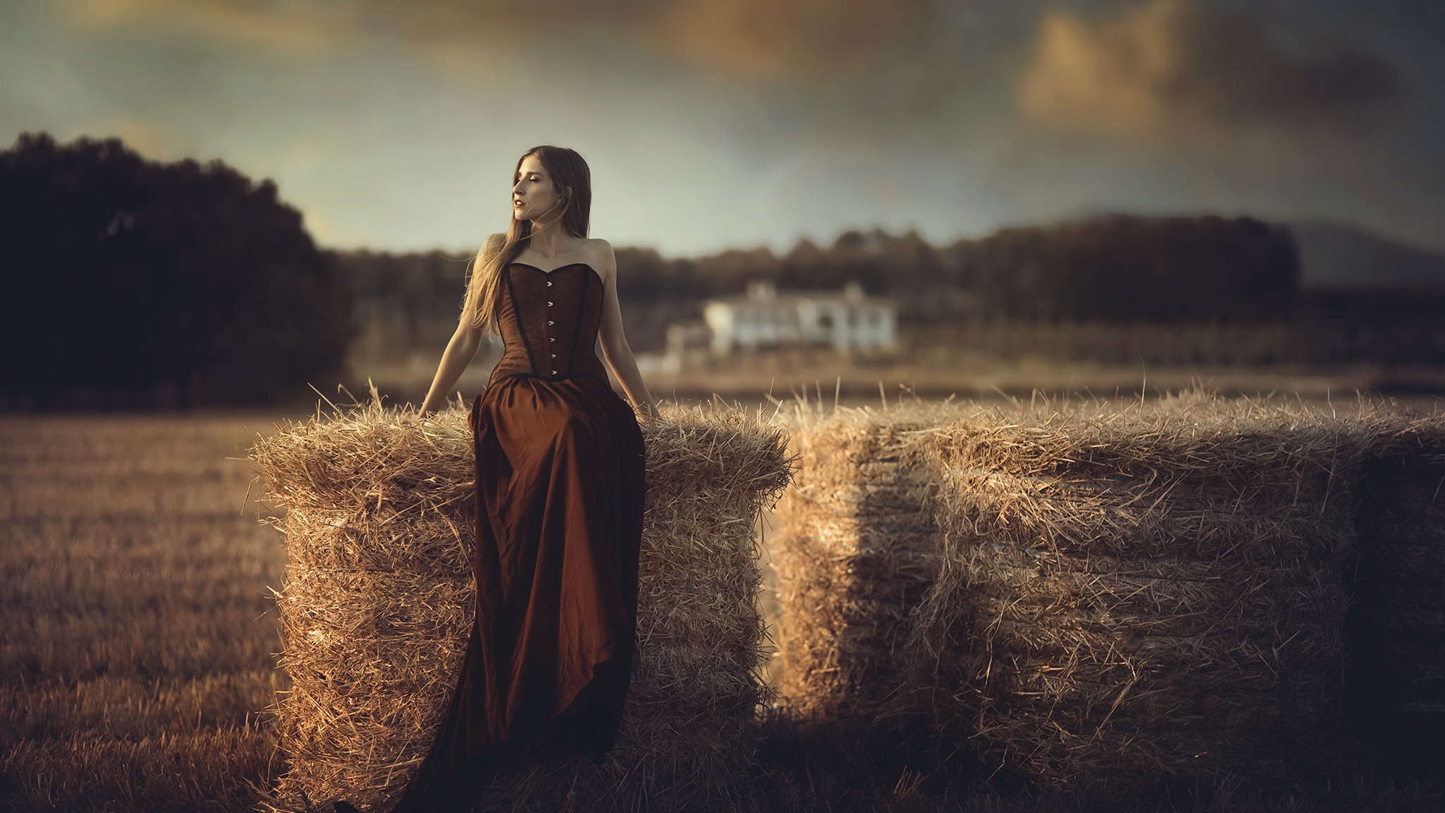 Model Women Haystacks Dress Women Outdoors Looking Away Red Dress Brunette Closed Eyes Field Outdoor 2048x1152