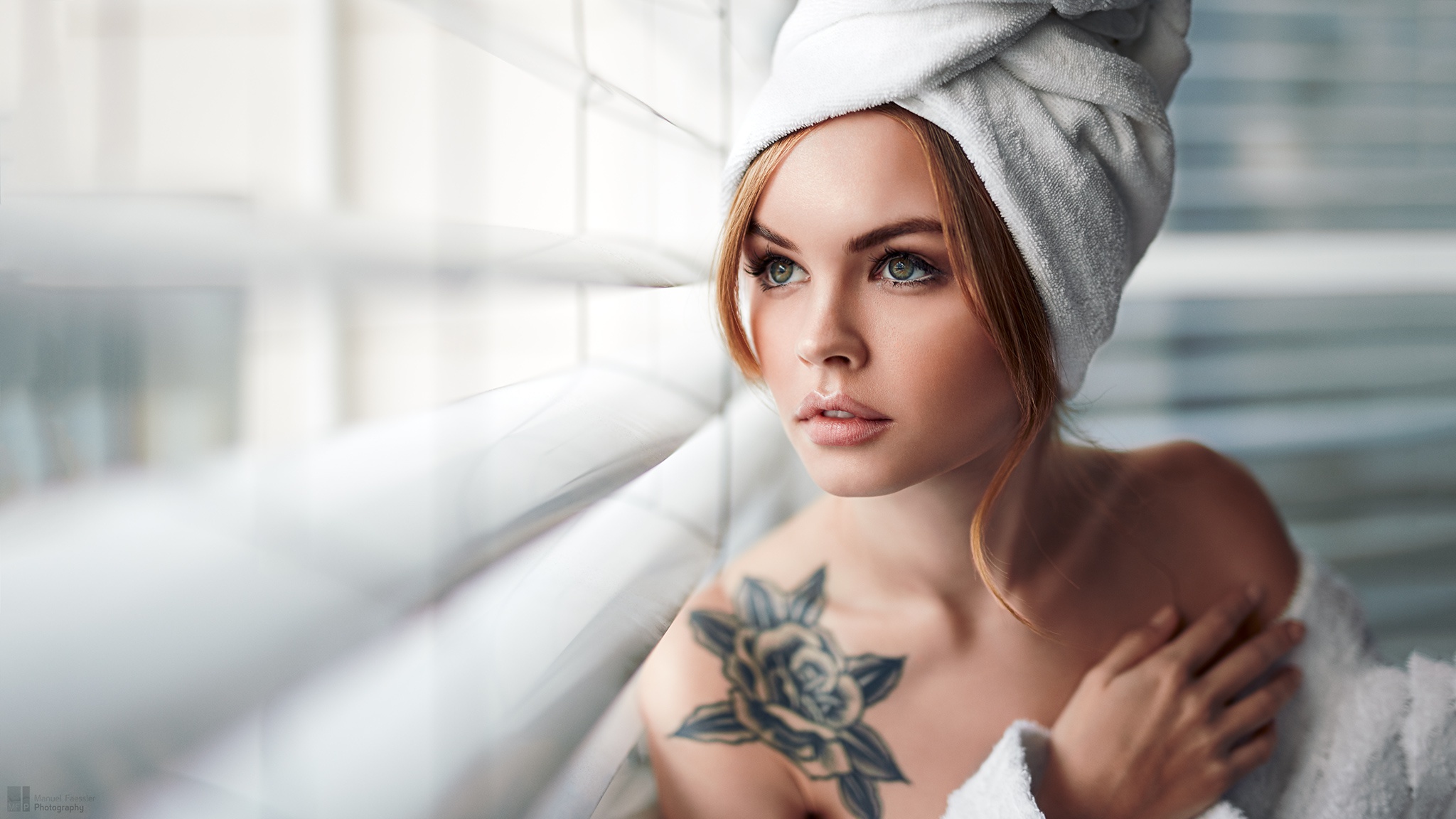 Women Model Women Indoors Indoors Inked Girls Looking Out Window Makeup Face Towel Bare Shoulders 2048x1152