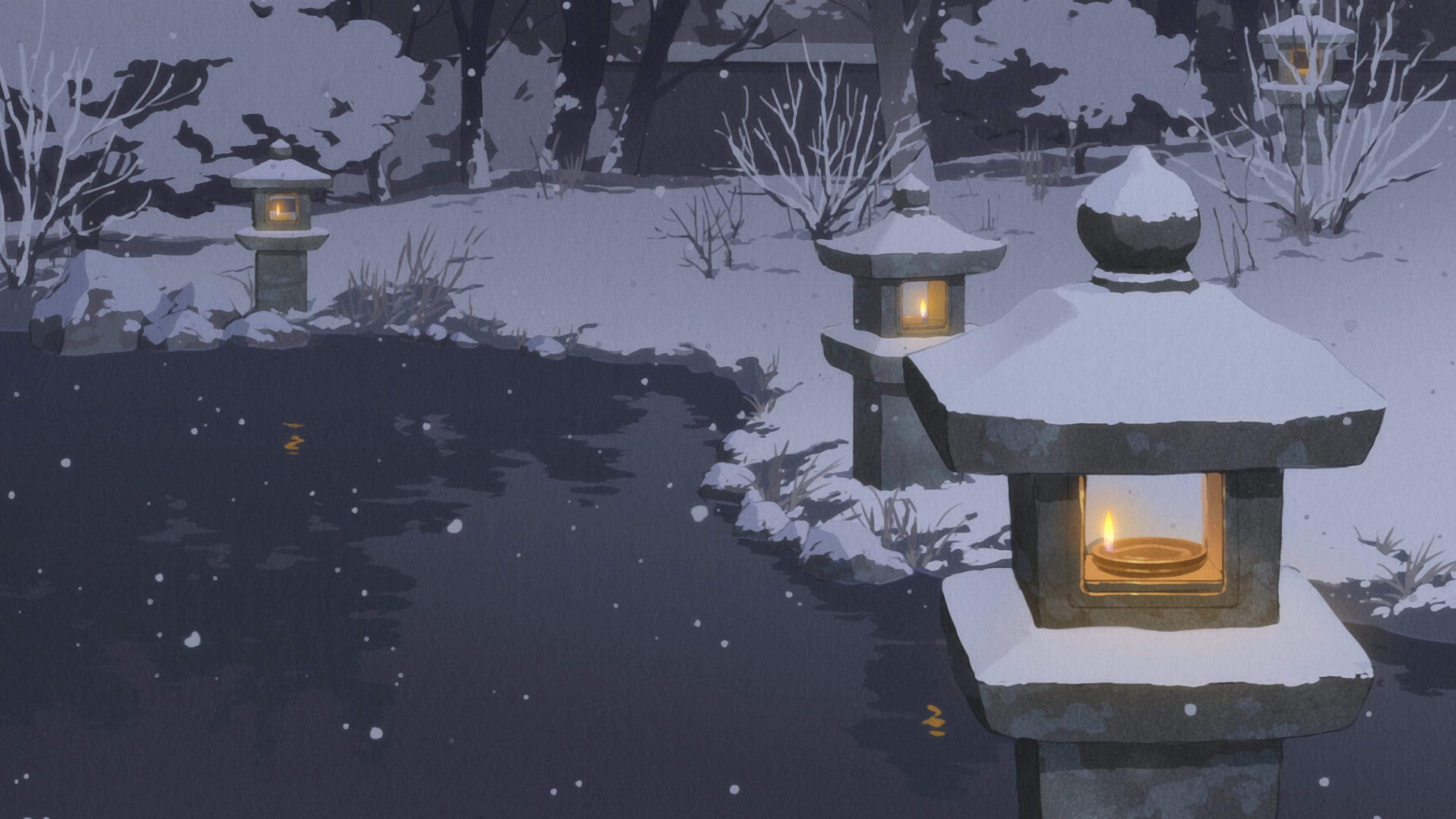 Snow Winter Drawing Anime Screenshot Pond Oil Lamp Asian Architecture Snowing 3840x2160