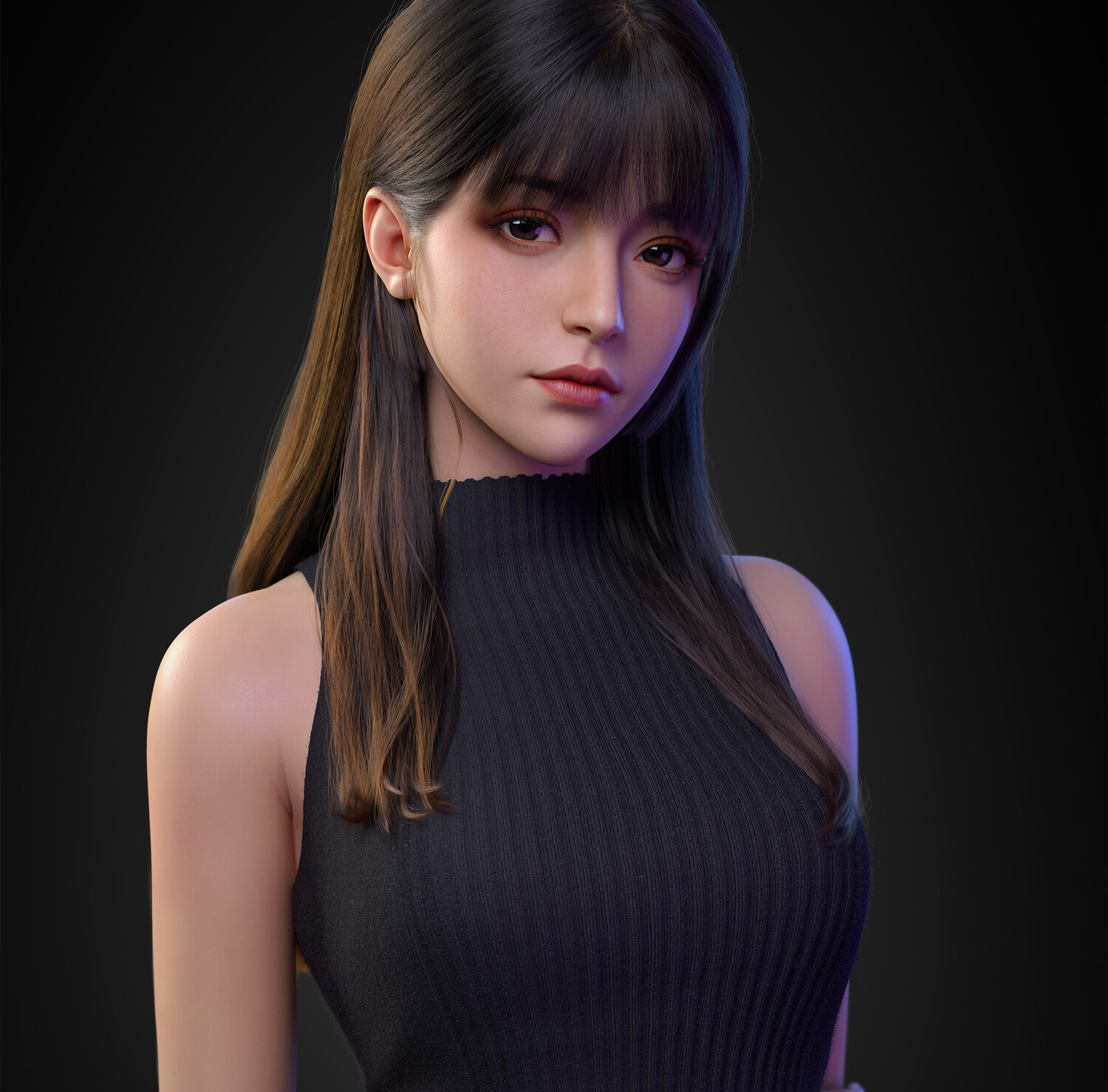 Yi Jiang 3D CGi Women Asian Portrait Brunette Long Hair Simple Background Looking At Viewer Digital  1500x1478