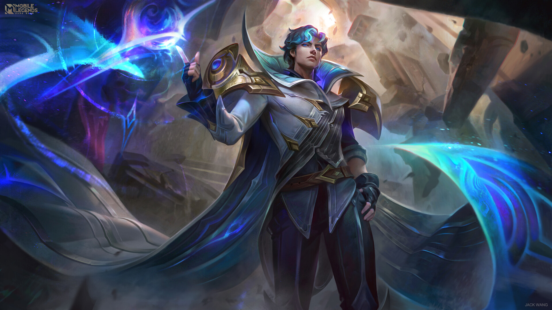 Jack Wang Drawing Men Magician Blue Hair Blue Eyes Shoulder Pads White Clothing Gloves Spell Blue Fa 1920x1080