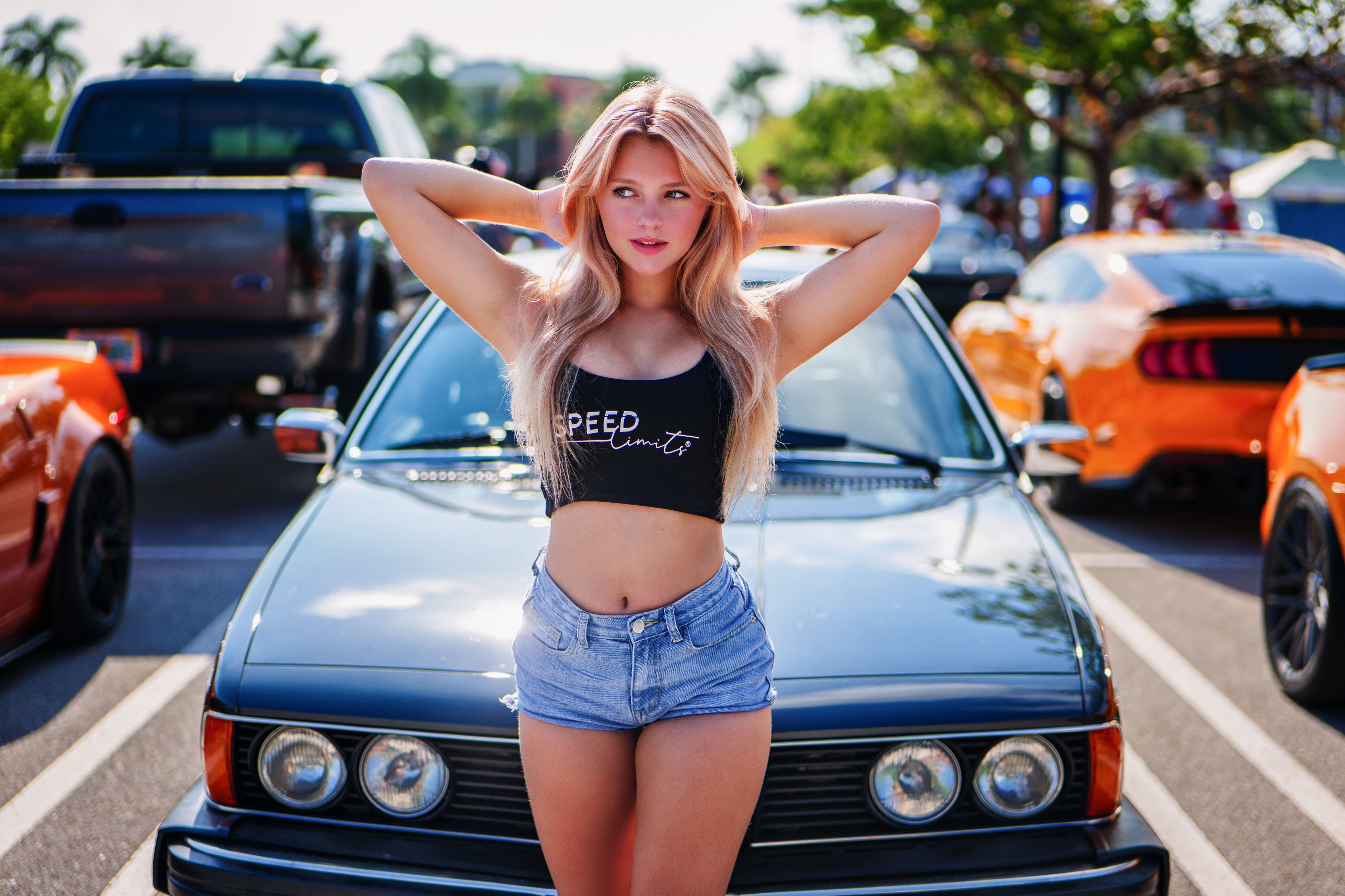 Women Model Blonde Looking Away Parted Lips Nose Rings Crop Top Black Tops Women With Cars Car Depth 5813x3875