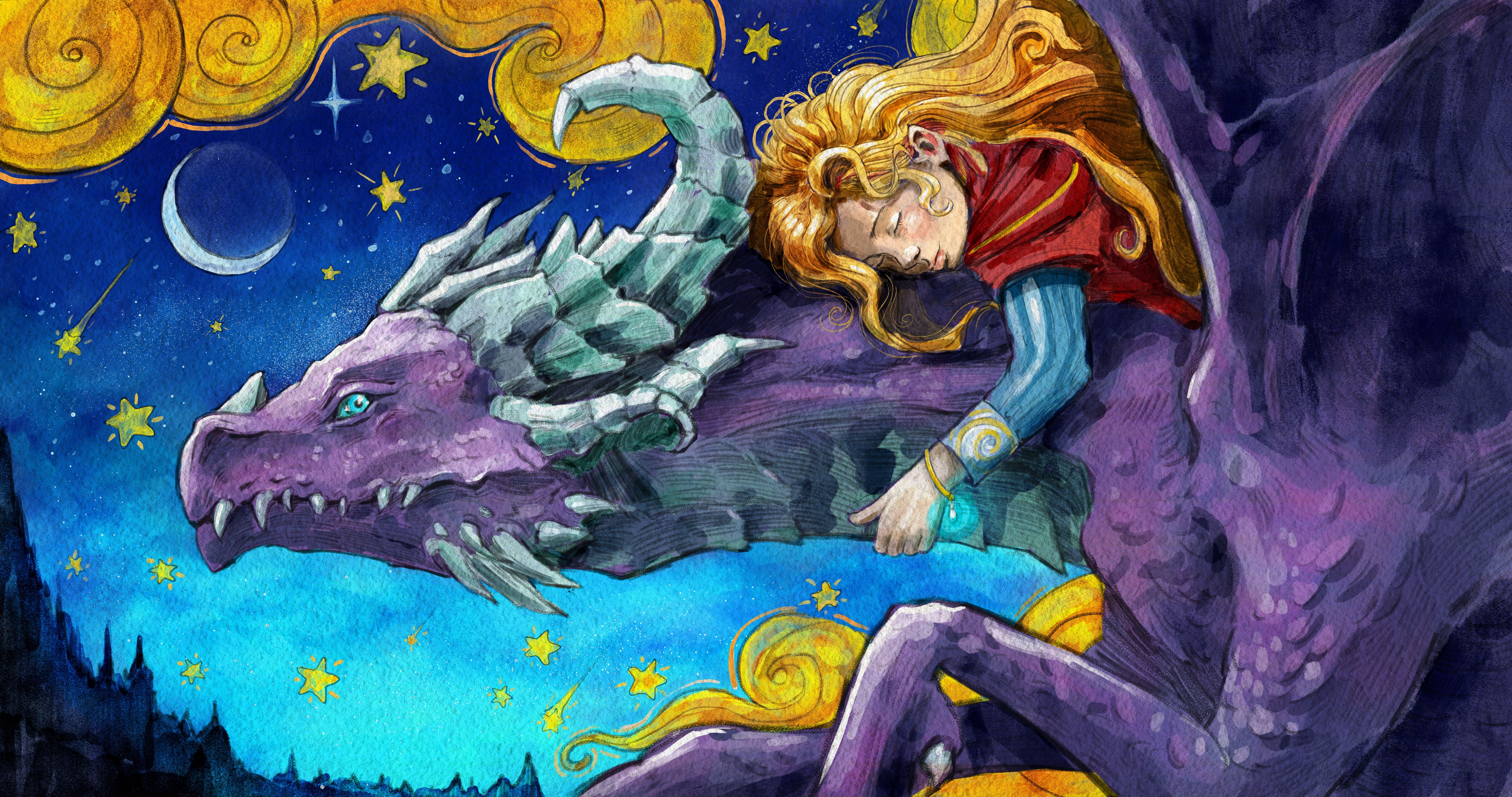Artwork Dragon Women Sky Stars Brunette Drawing Blonde Fairy Tale Horns Sleeping Cartoon Enjoying St 8533x4500
