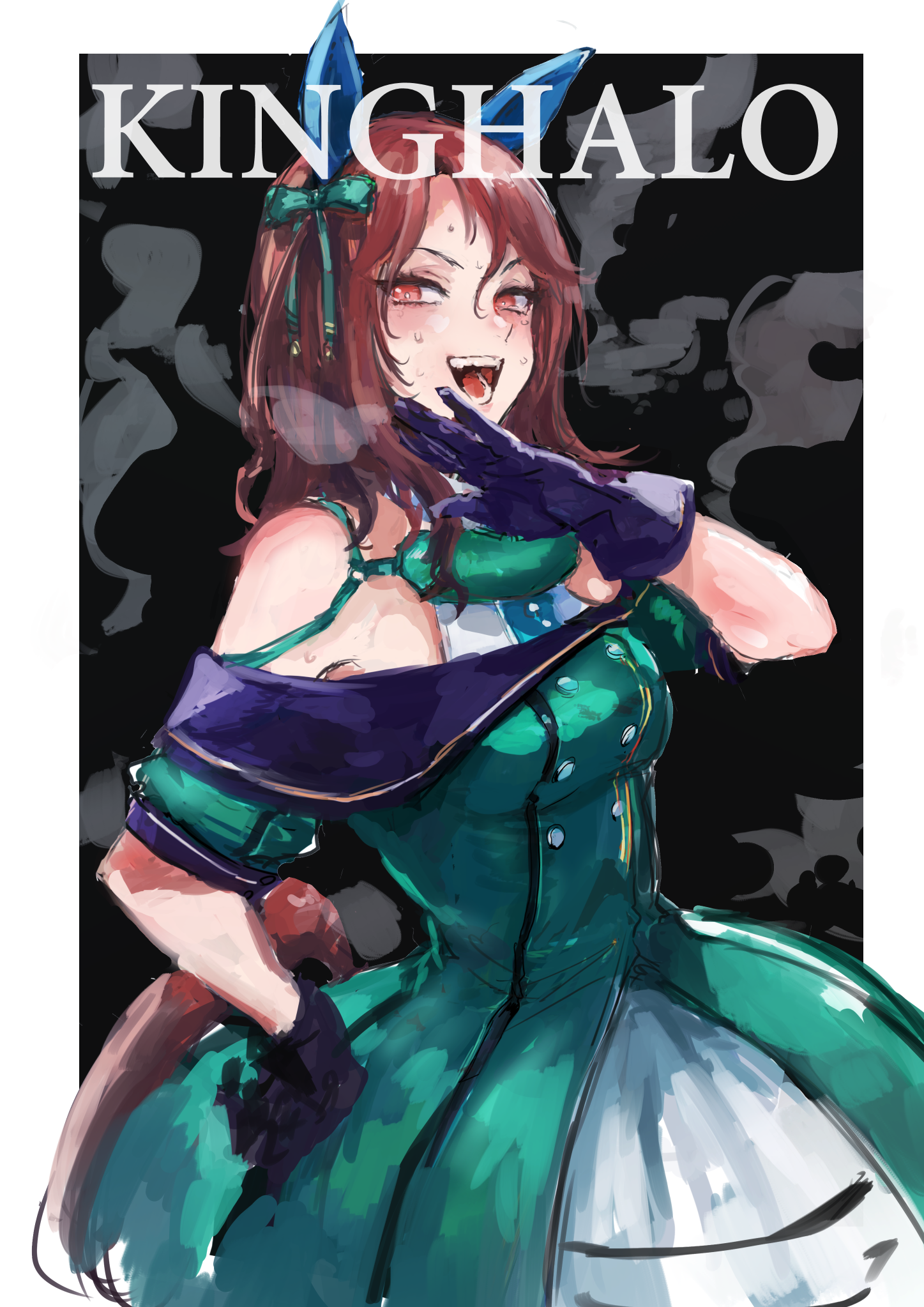 Uma Musume Pretty Derby Green Dress Laughing Animal Ears Open Mouth Red Eyes Fangs Bangs Long Hair L 1447x2046