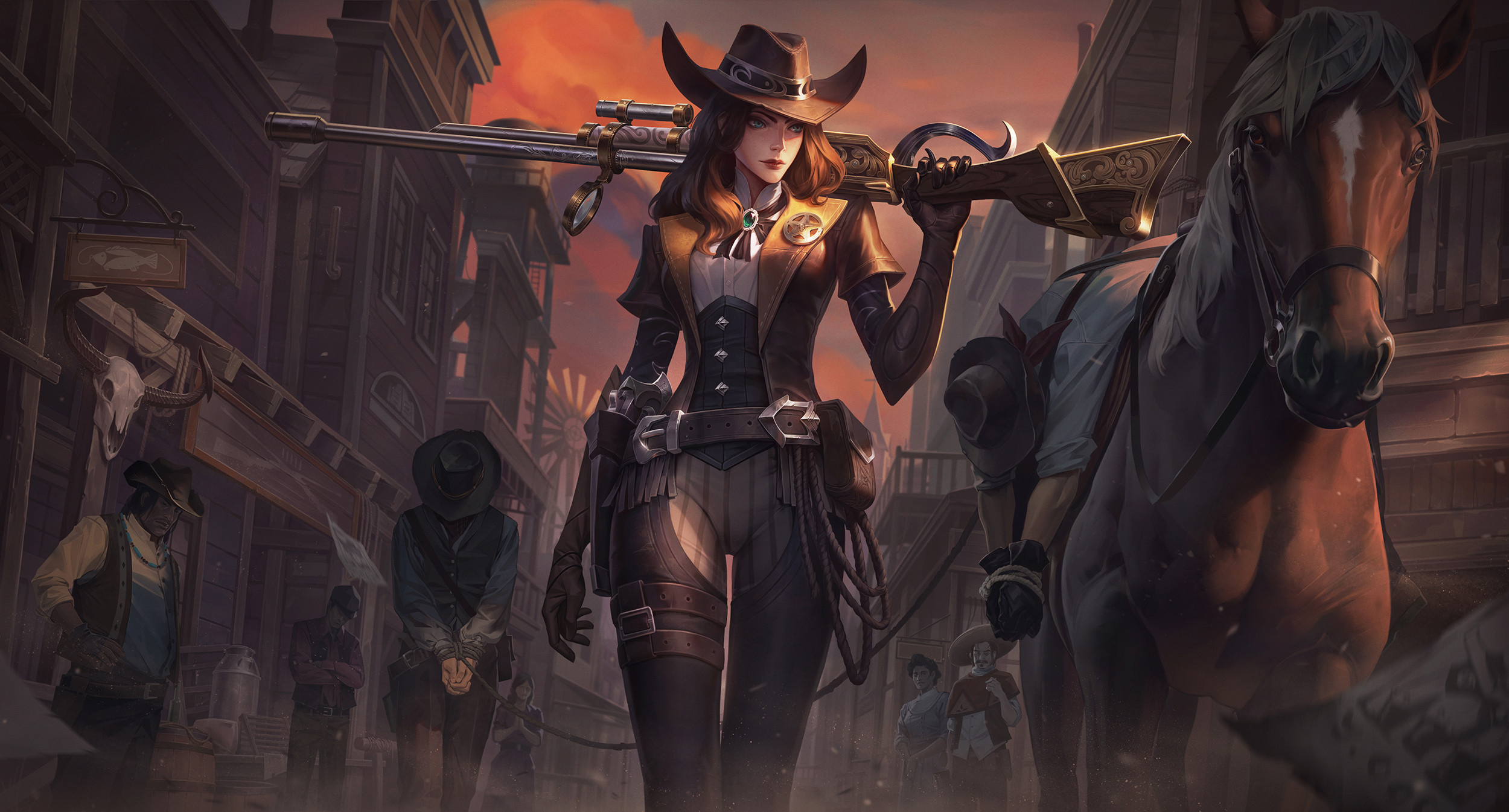 Huyy Nguyen Drawing League Of Legends Women Caitlyn League Of Legends Weapon Sniper Rifle Cowgirl Co 2500x1345