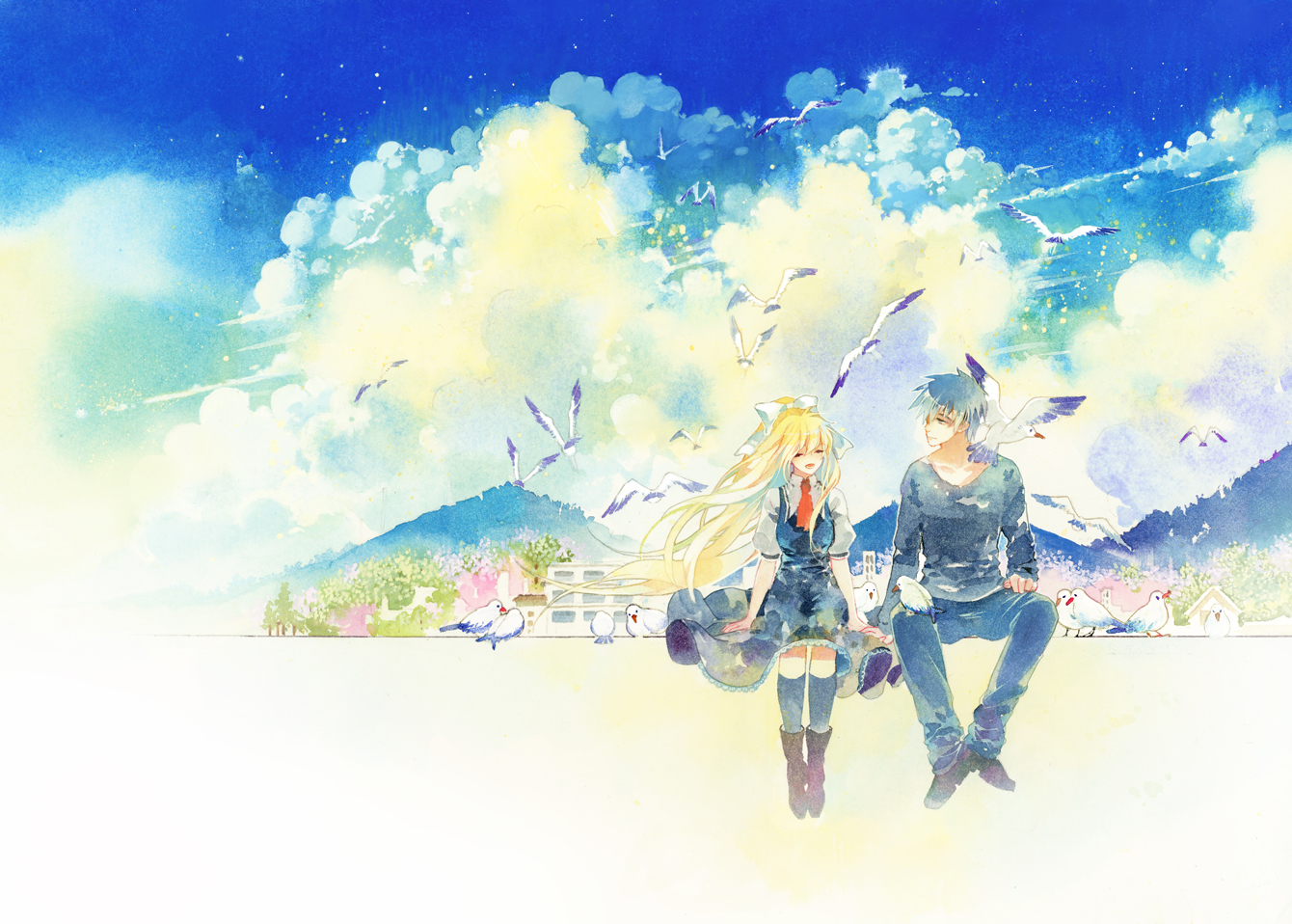 Kamio Misuzu Air Anime Couple Sky Seagulls Blonde Dress Abstract 1340x958