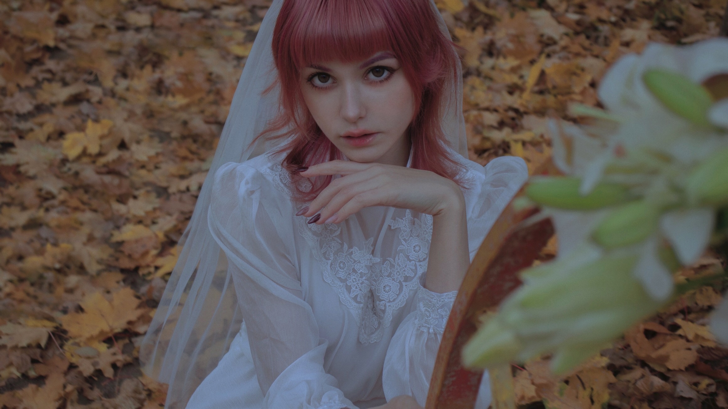 Karina Salakhutdinova Women Pink Hair Bangs Dress Wedding Dress White Clothing Nature Depth Of Field 2320x1304