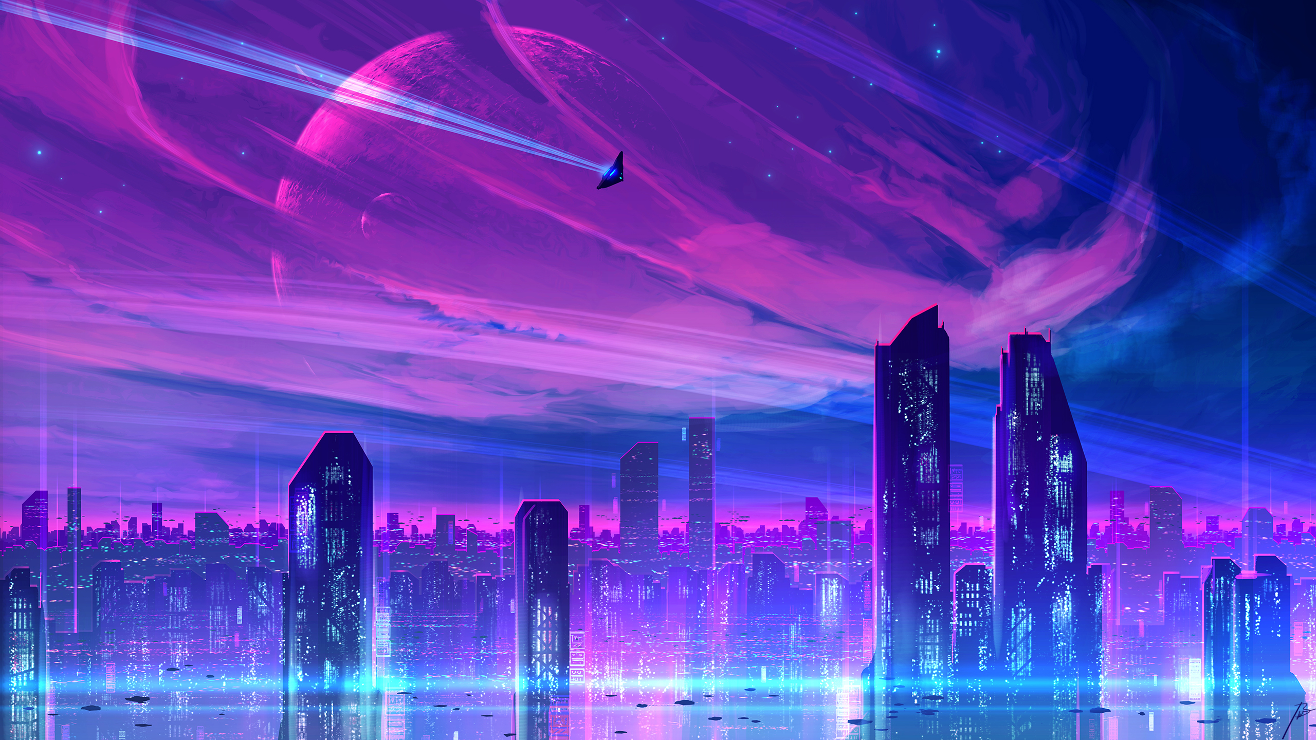 Digital Painting Neon Cityscape Futuristic Science Fiction Sky JoeyJazz 2560x1440