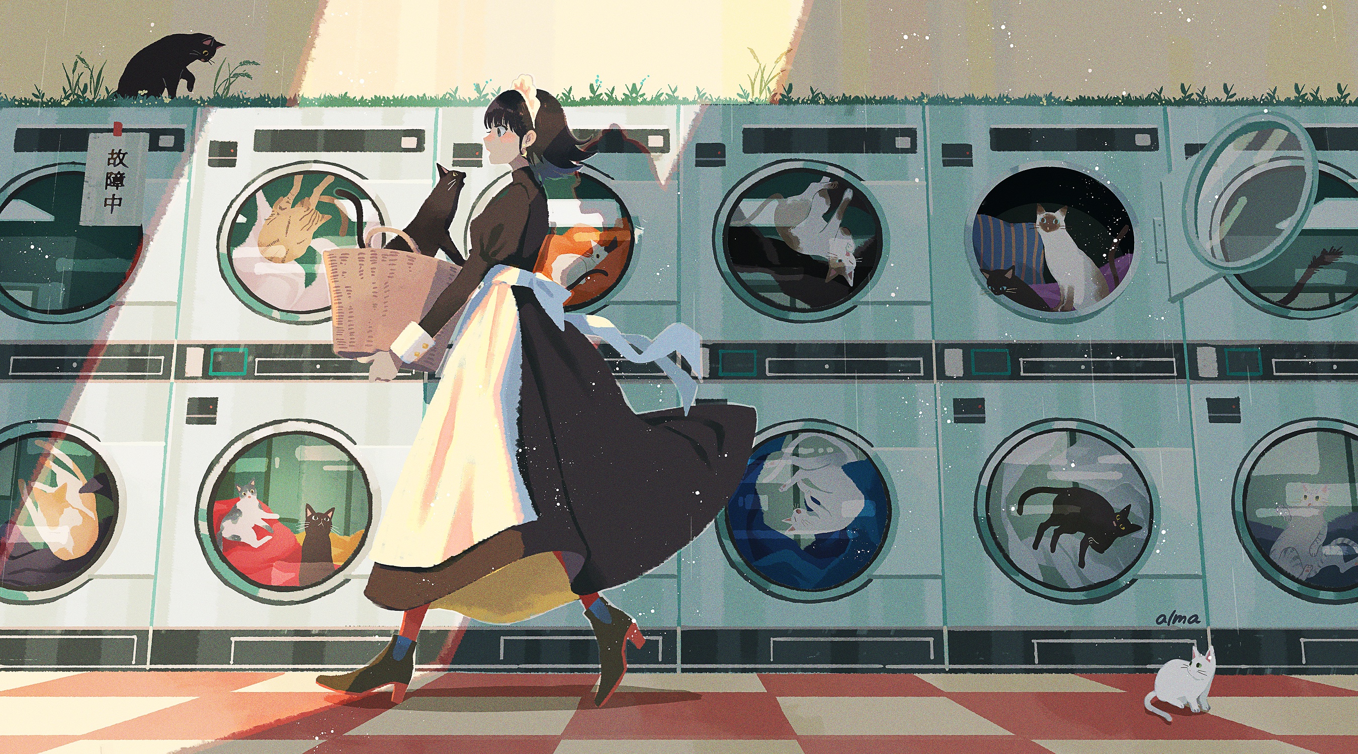 Anime Girls Maid Outfit Cats Washing Machine 2700x1500