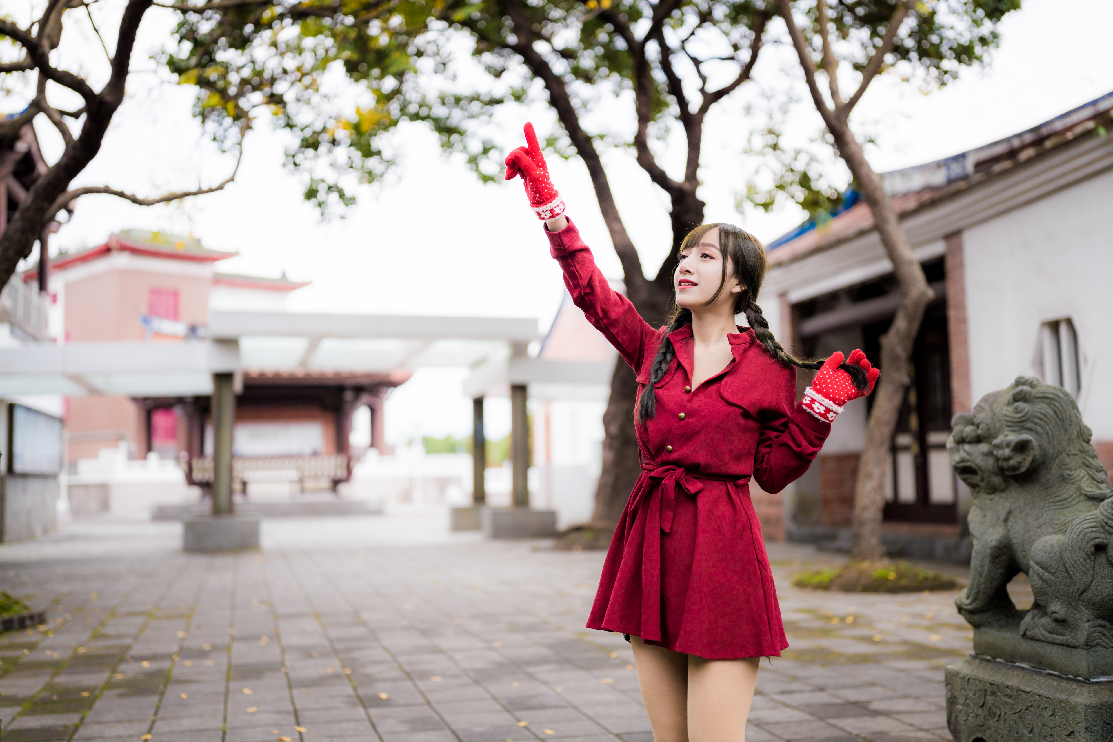 Asian Model Women Long Hair Dark Hair Red Dress Gloves Trees Statue Depth Of Field Twintails Braided 3840x2560