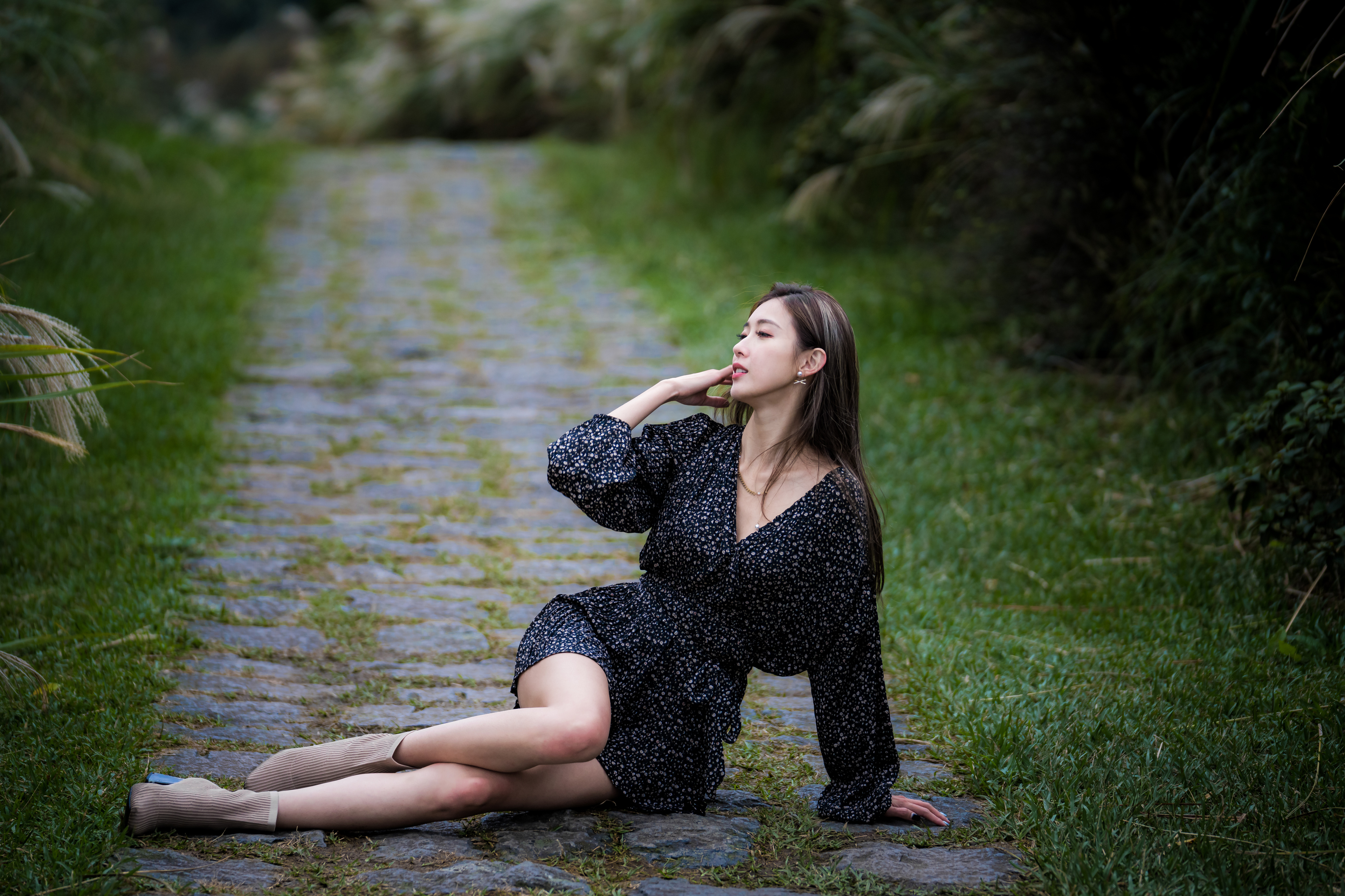 Asian Model Women Long Hair Brunette Lying On Side Bushes Depth Of Field Dress Earrings Grass 3840x2560