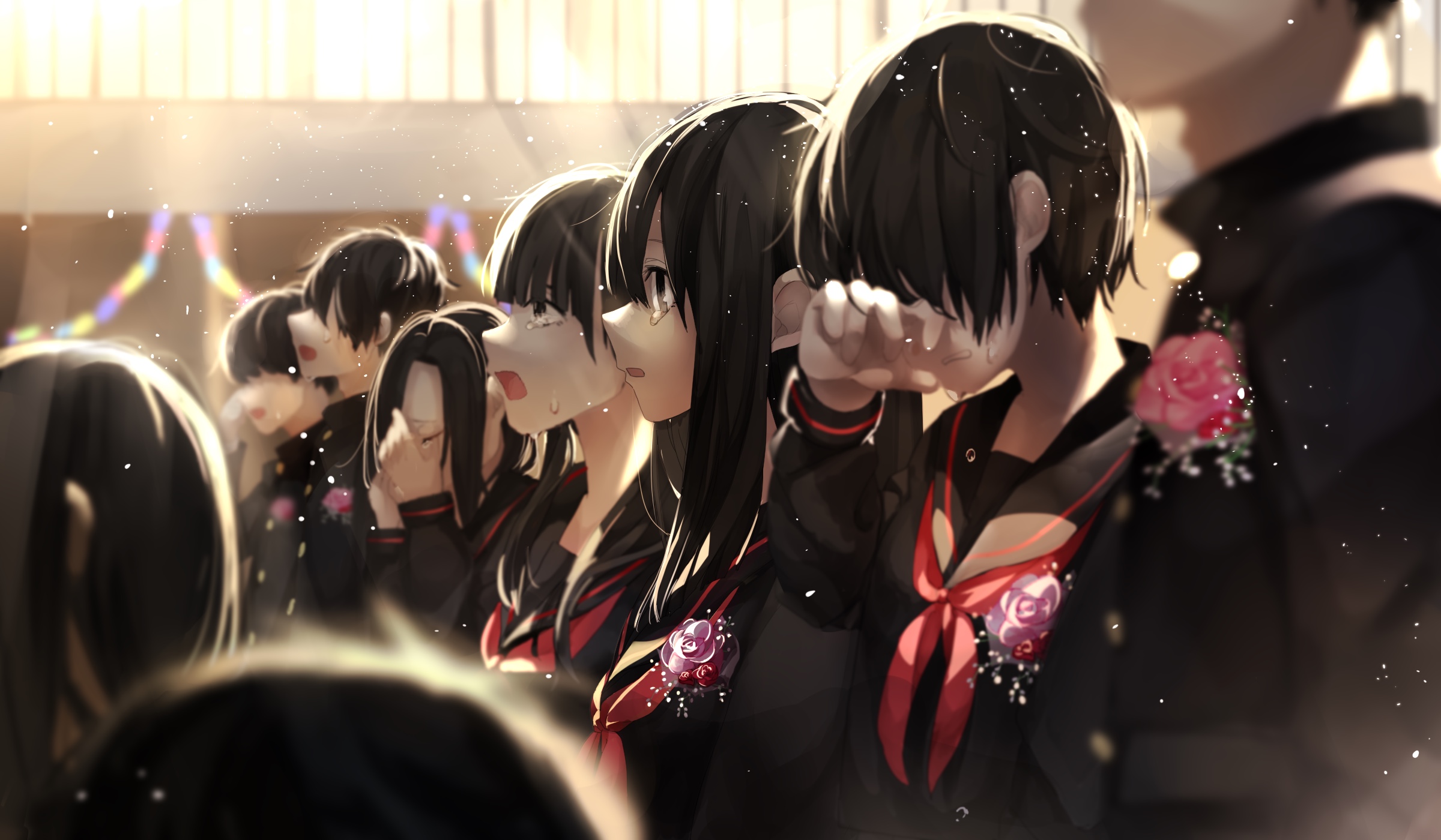 Anime Anime Boys Anime Girls School School Uniform Dark Hair Bangs Long Hair Short Hair Open Mouth C 2400x1400