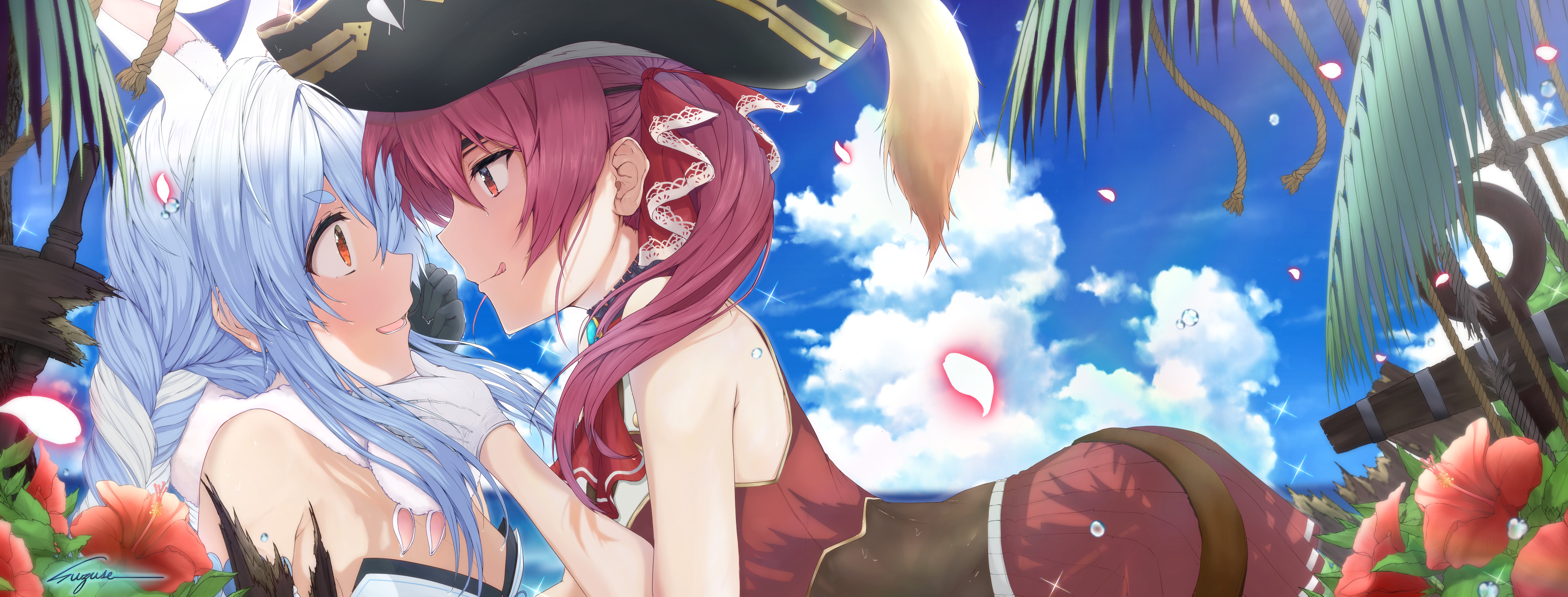 Anime Anime Girls Usada Pekora Pirate Hat Houshou Marine Bunny Girl Licking Lips Hololive Virtual Yo 4932x1876