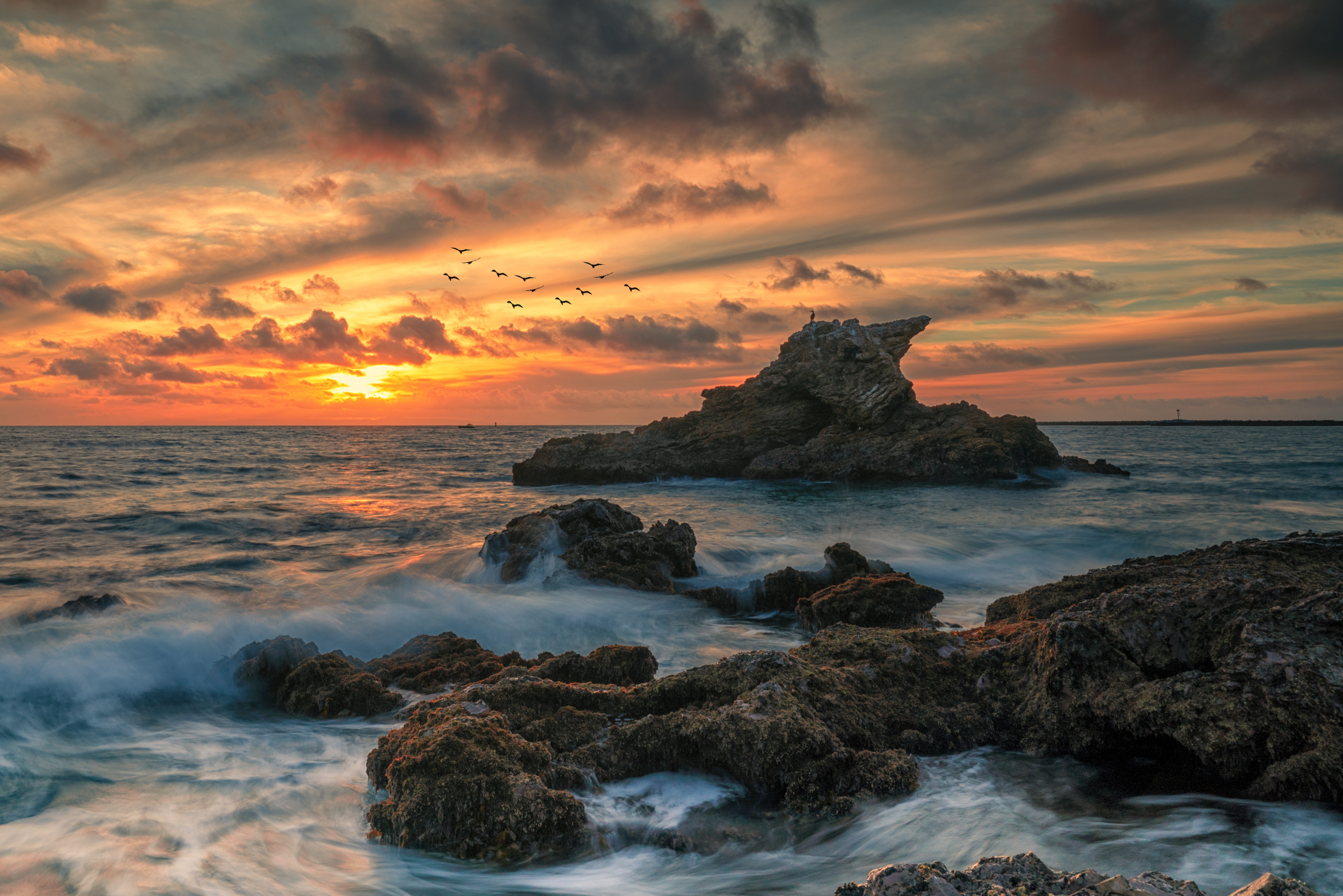 Ocean Rock Sea Sunset 4000x2668