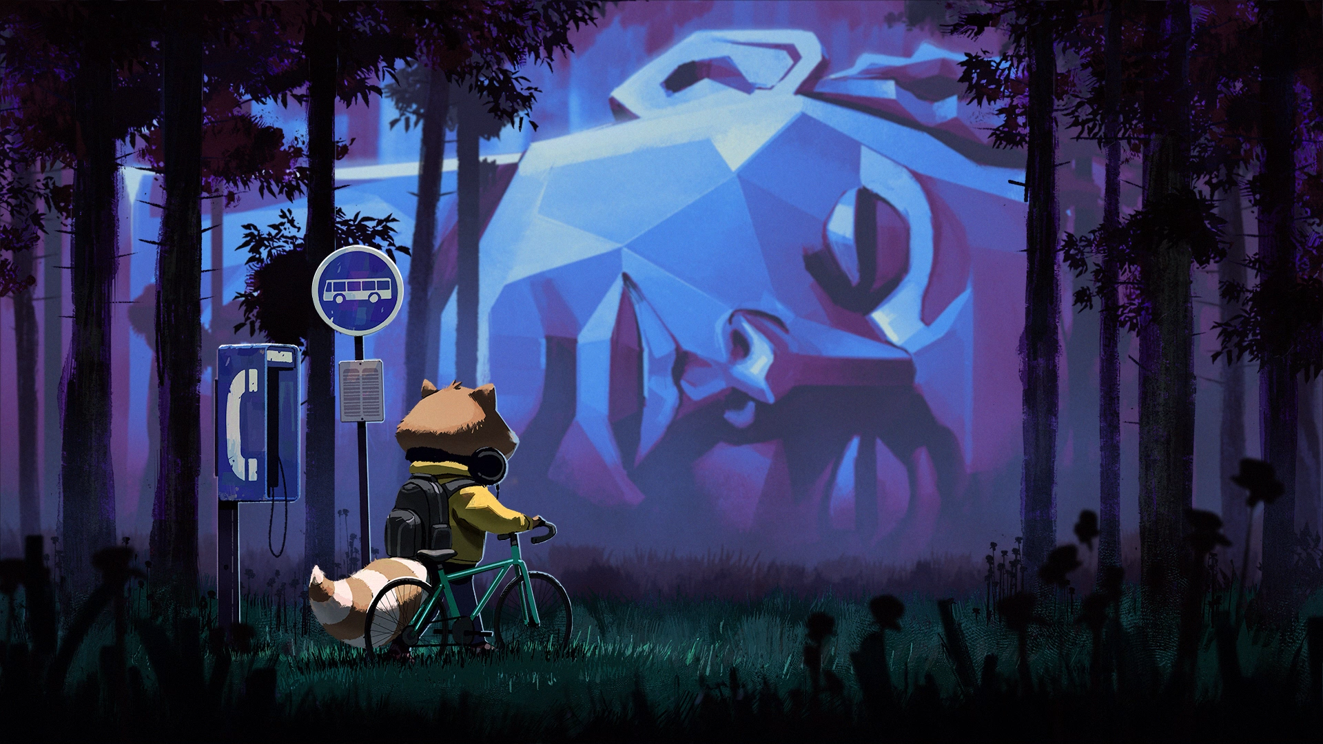 Raccoons Payphone Bus Stop Forest Clearing Bicycle Night Anthro Simon Leclerc 1920x1080