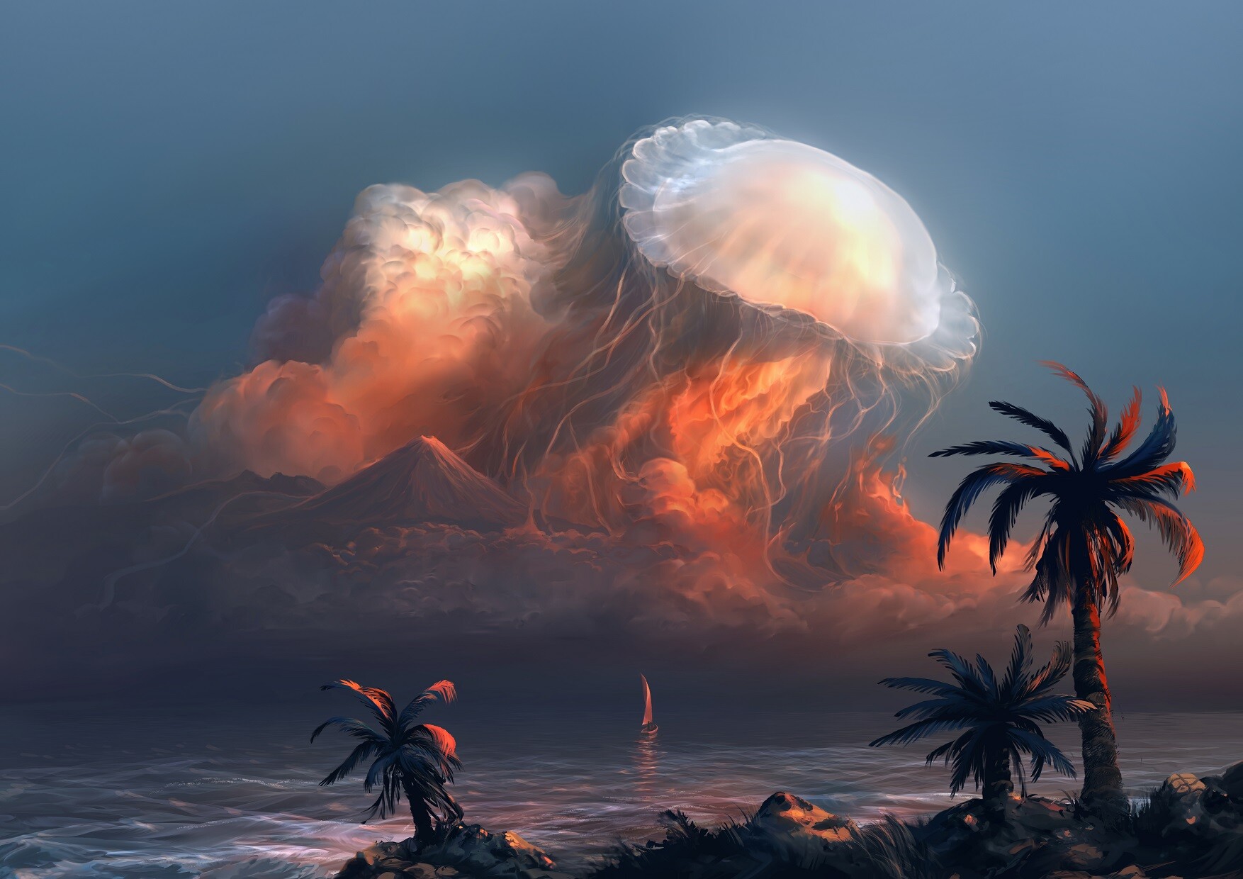 Surreal Jellyfish Clouds Tropical Island Palm Trees Sailboats Mountains Alex Rommel Digital Art Sea 1754x1240