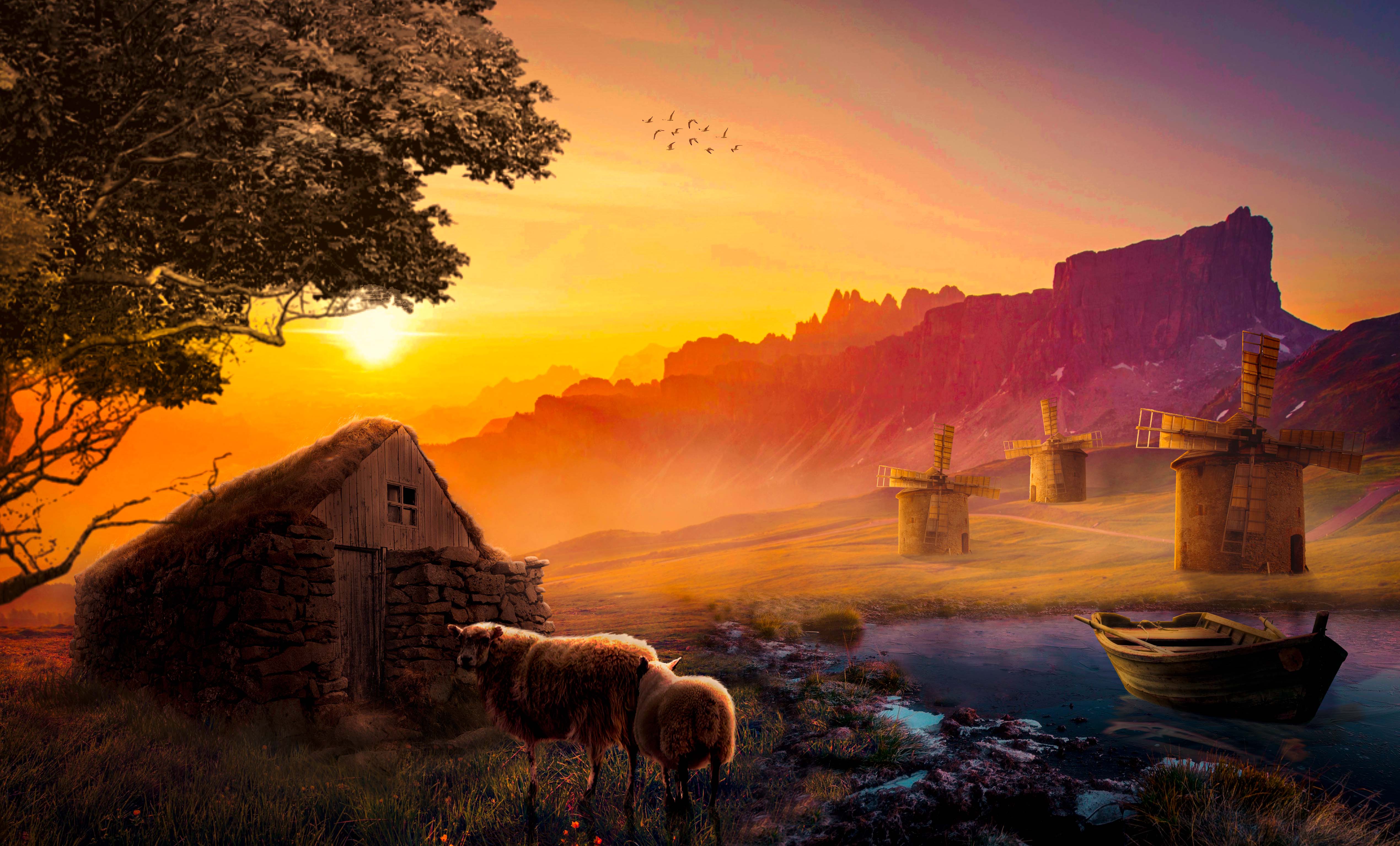 Nature Digital Digital Art Windmill Sheep 5078x3070