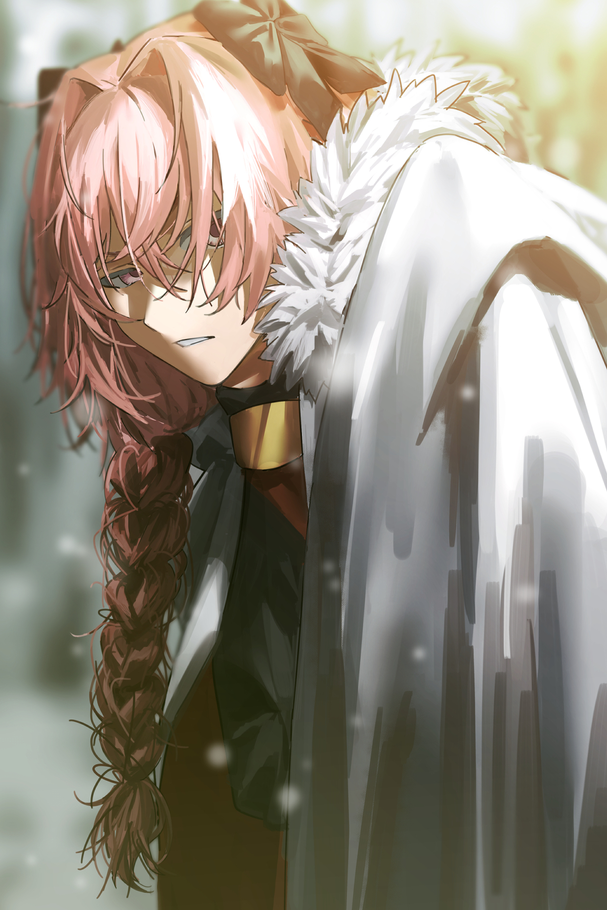 Fate Series FGO Fate Apocrypha Bangs Anime Boys Fur Trim Pink Eyes Cape Standing Hair In Face Lookin 1200x1800