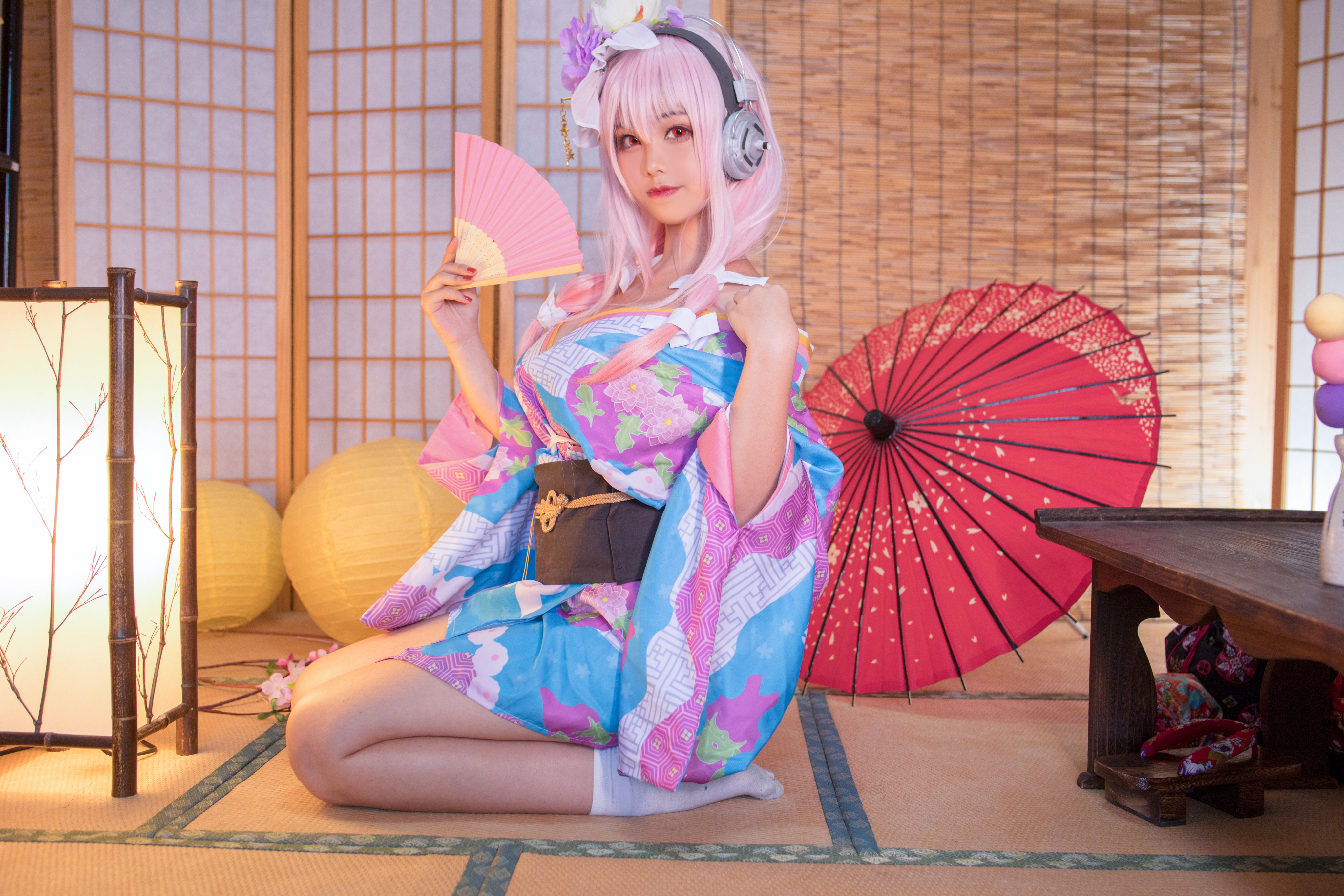 Women Model Asian Cosplay Super Sonico Anime Kimono Bare Shoulders Indoors Women Indoors 4096x2731