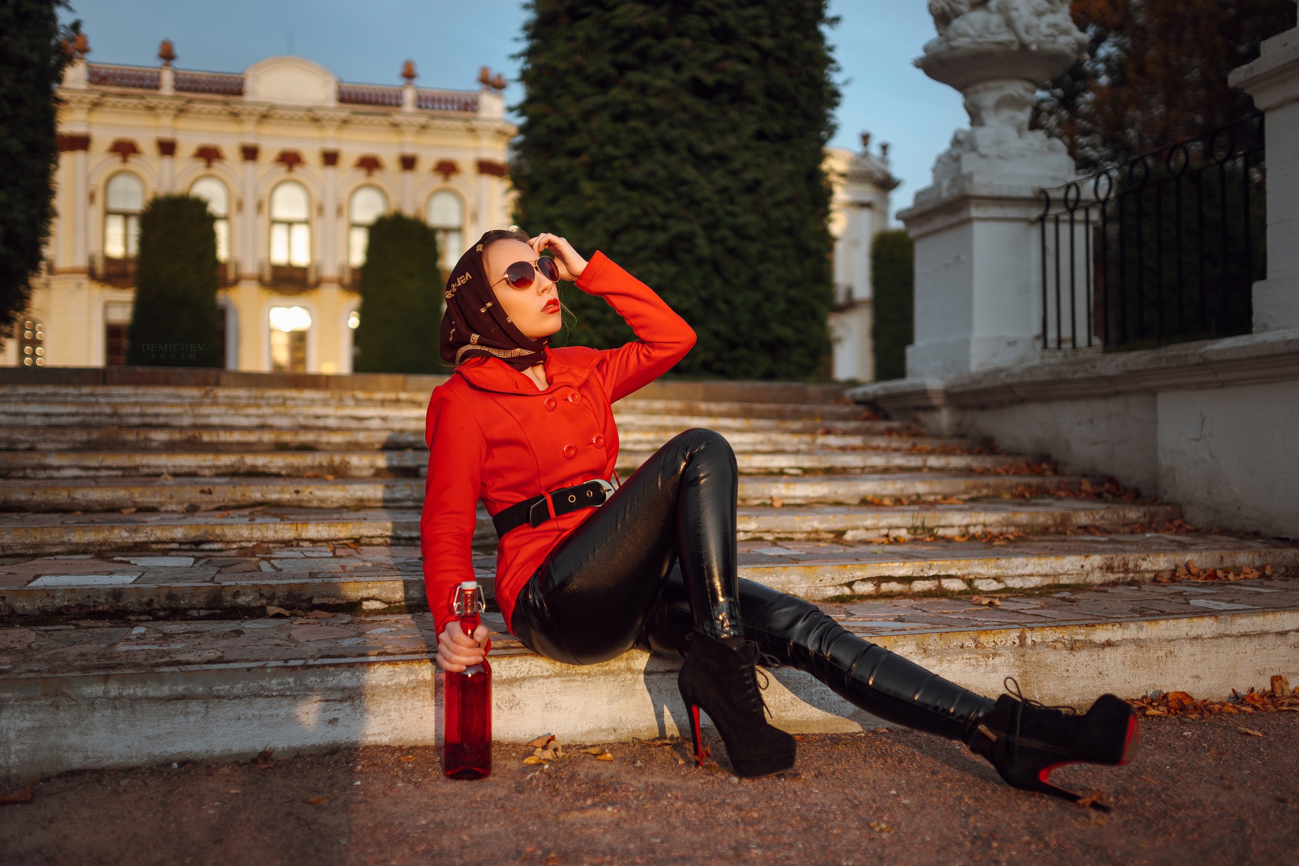Petr Demichev Women Model Women Outdoors Heels Bottles Shades Women With Shades Sitting Red Lipstick 2560x1707