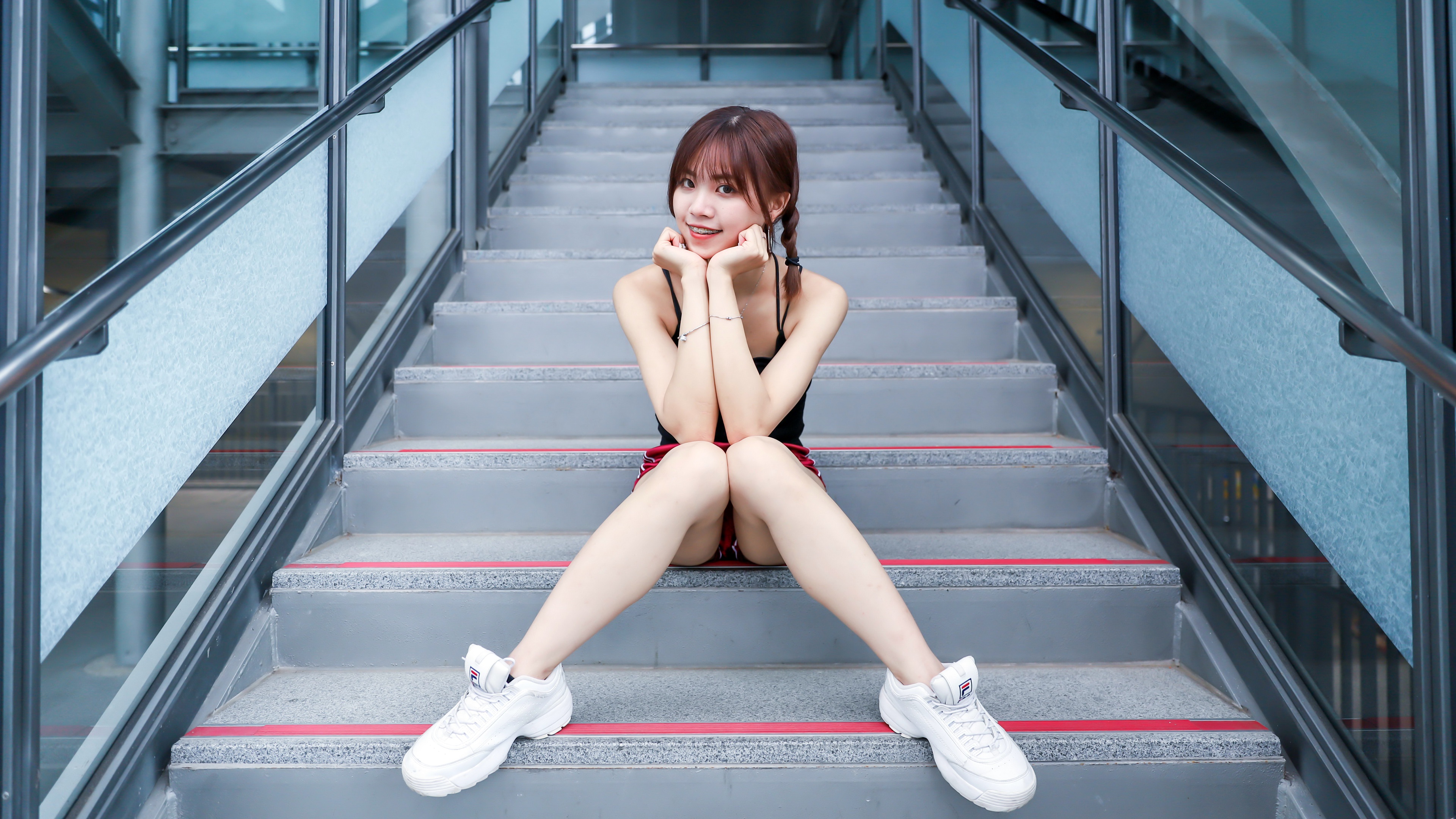 Asian Model Women Brunette Braids Dark Eyes Legs Top Tank Top Shorts Sneakers Sitting Looking At Vie 3840x2160