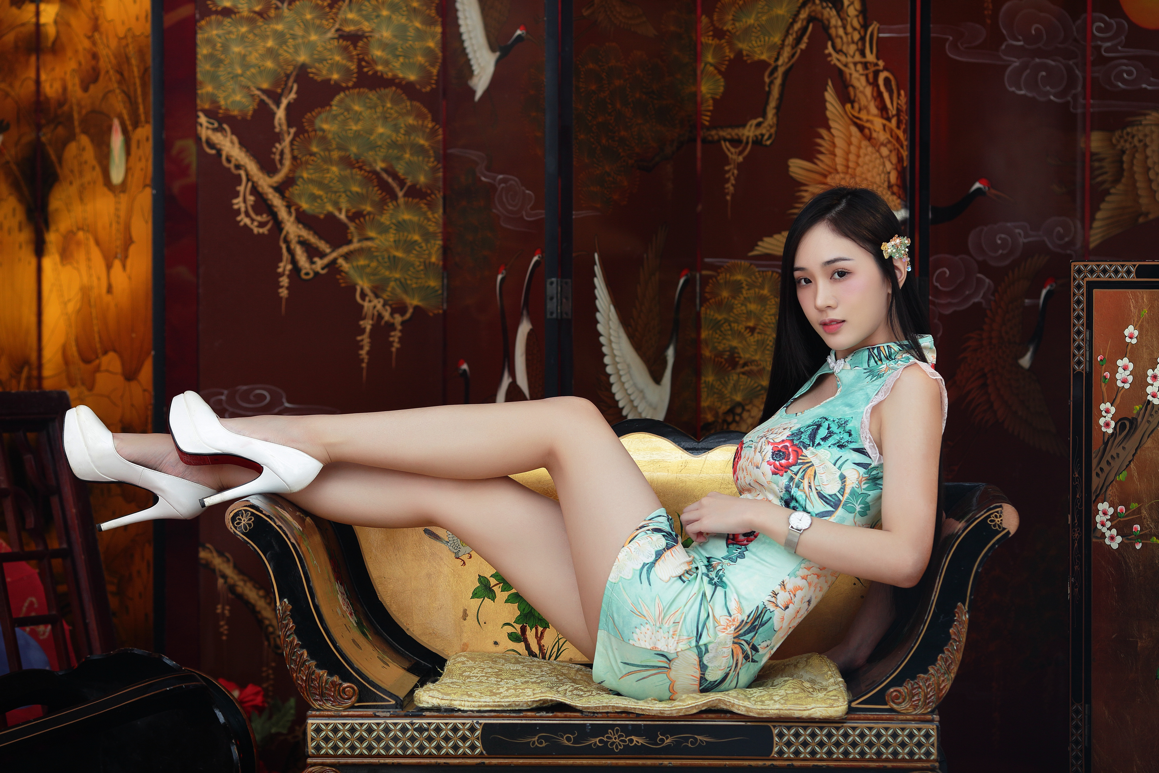Asian Model Women Long Hair Dark Hair Traditional Clothing Sitting White High Heels Wristwatch Chair 3840x2560