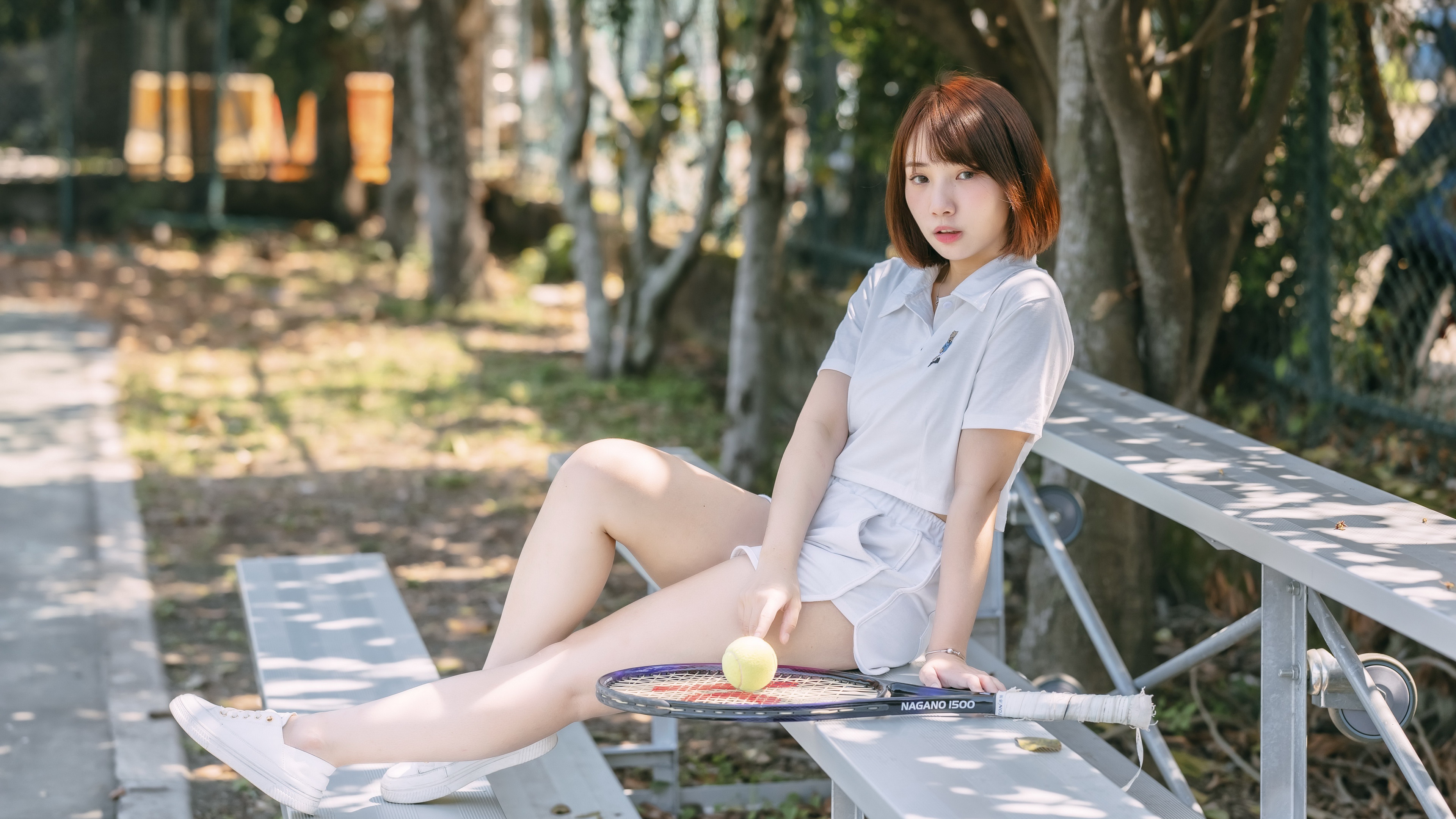 Asian Model Women Tennis Rackets Tennis Balls Legs White Shoes Dyed Hair Shoulder Length Hair Shorts 3840x2160