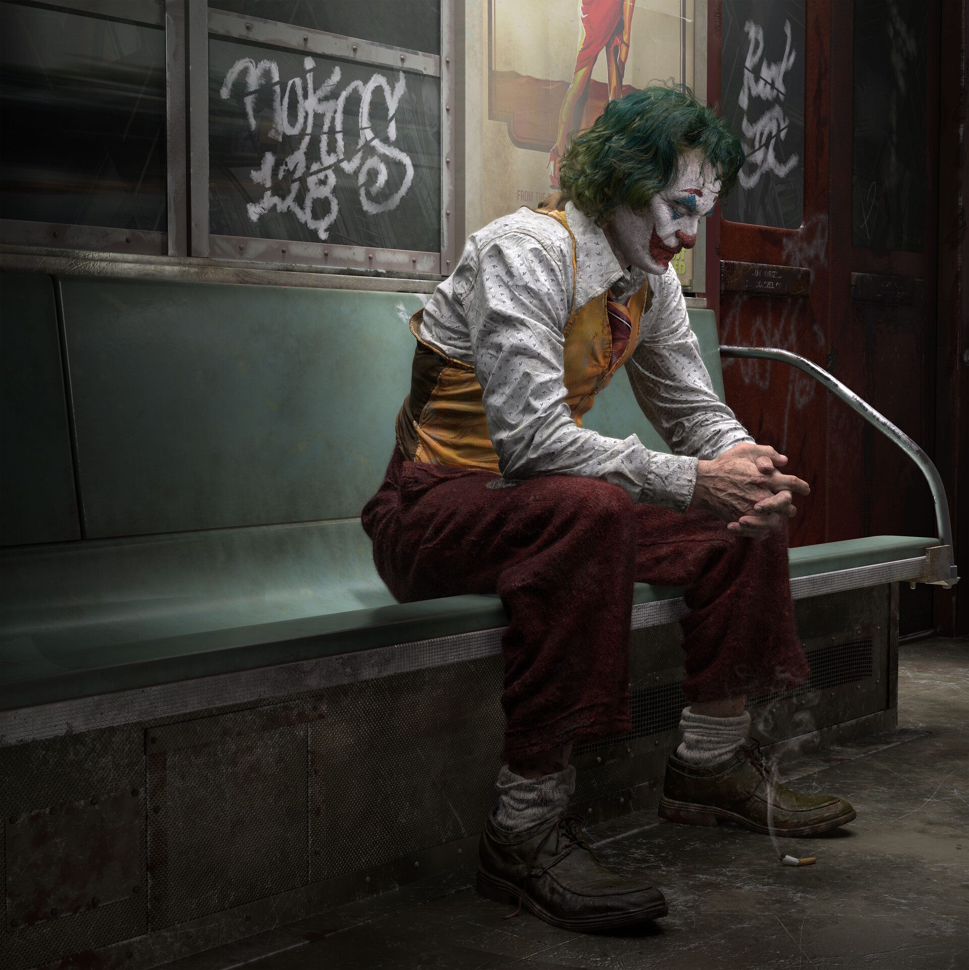 Cigarettes Joker 2019 Movie Green Hair Makeup Joker Fan Art Alone W Z H Joaquin Phoenix Sitting ArtS 1920x1922