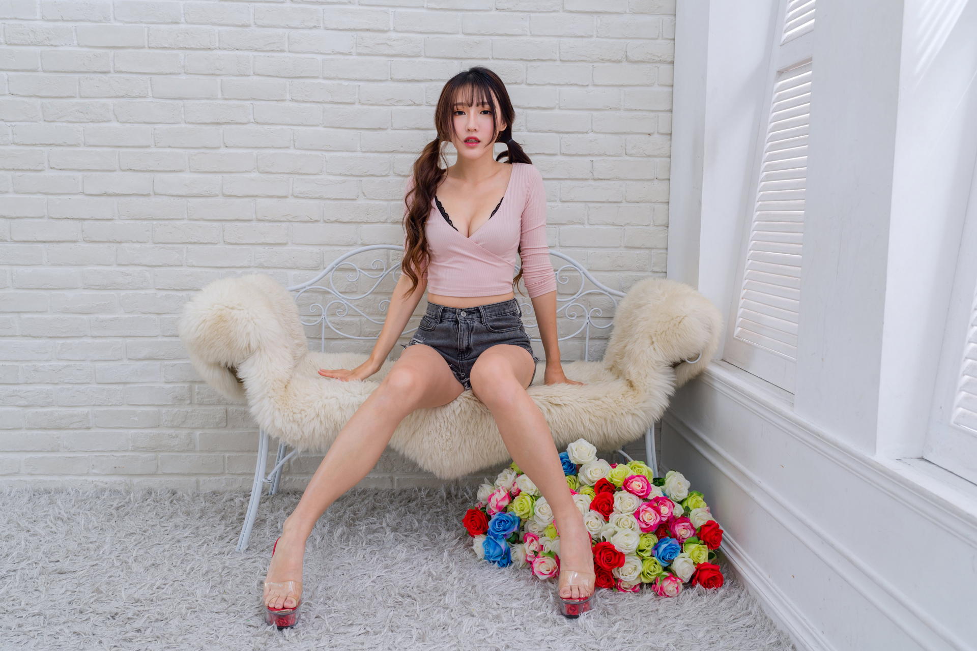 Asian Model Women Long Hair Dark Hair Platform Shoes Barefoot Shorts Carpet Pink Tops Bench Window T 1920x1280