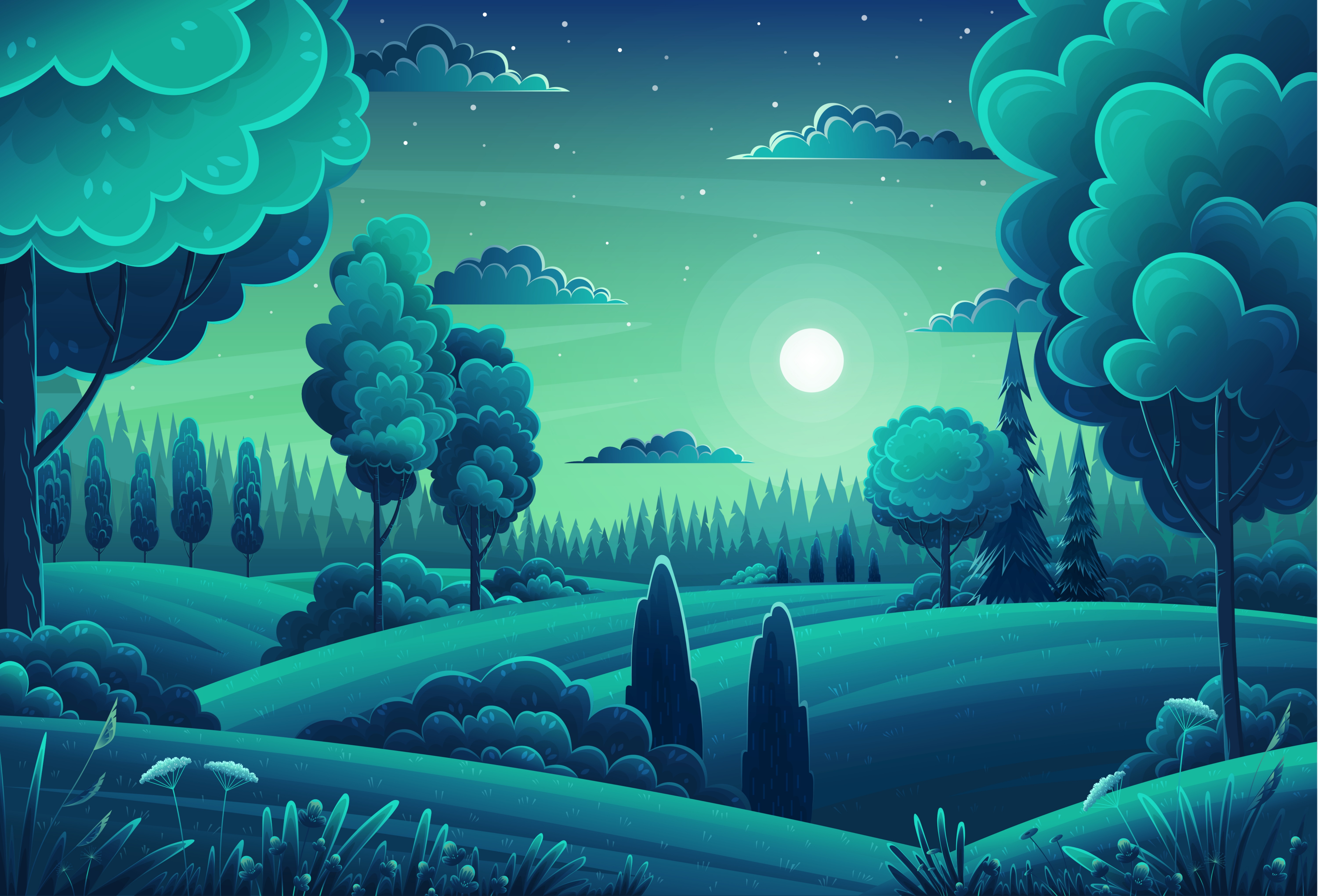 Artwork Vector Forest Hills Trees Moon Night Landscape Green Sky Clouds Cartoon Stars Flowers Moonli 6000x4081