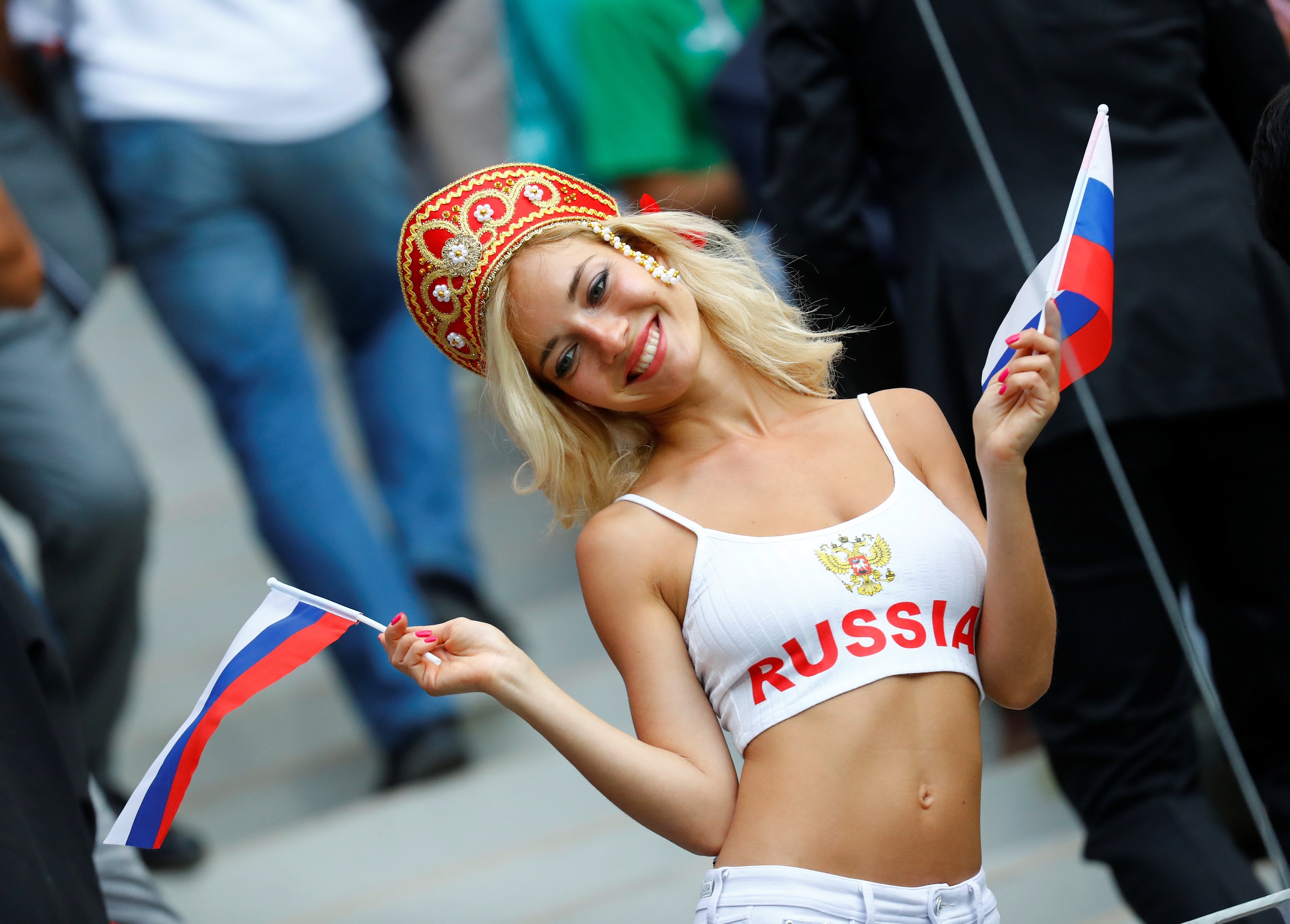 Russian Women Flag Smiling Women Blonde Looking Away Red Lipstick Makeup 2560x1833