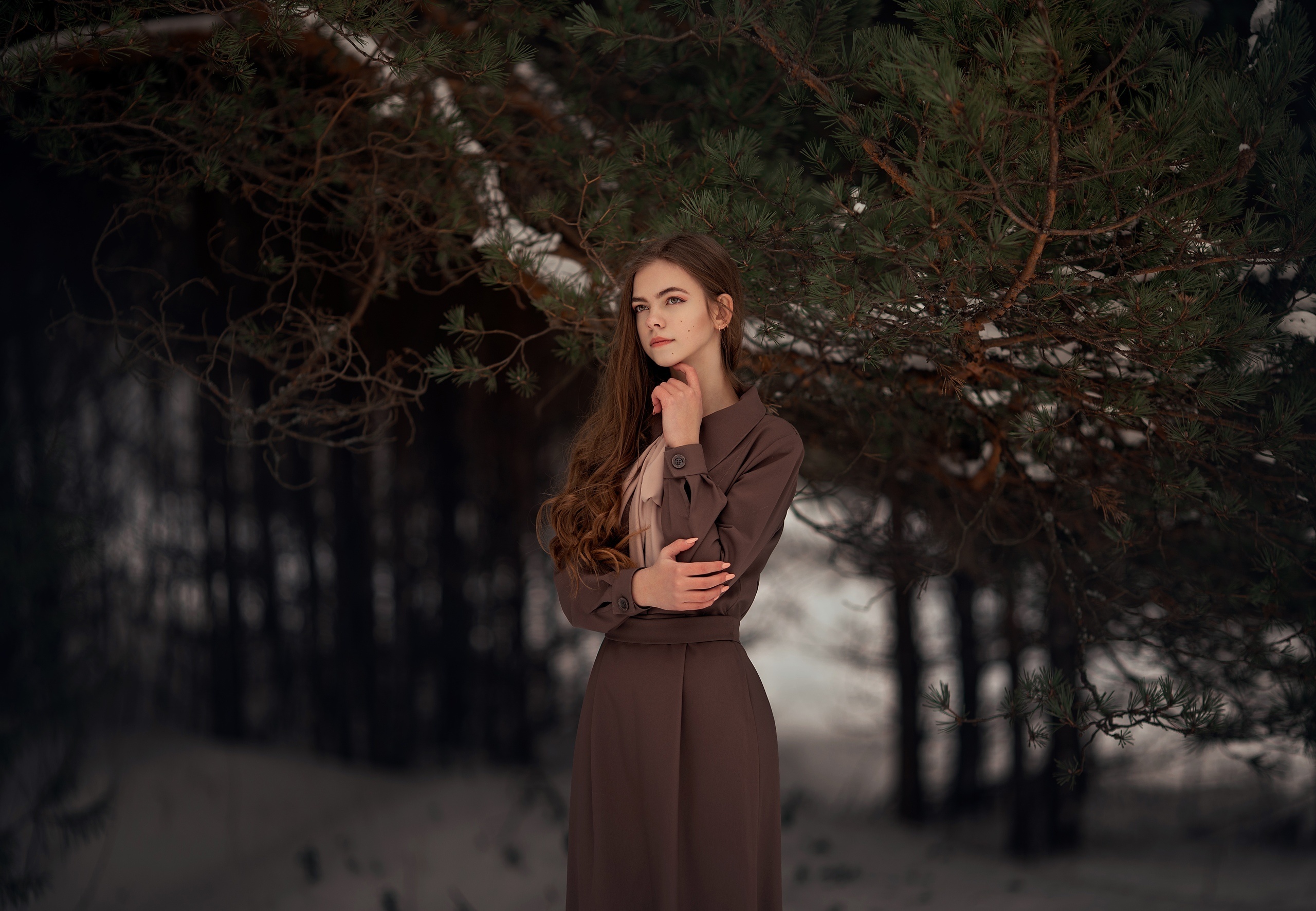 Women Women Outdoors Brunette Winter Forest Oleg Rodin Looking Away Nature 2560x1773