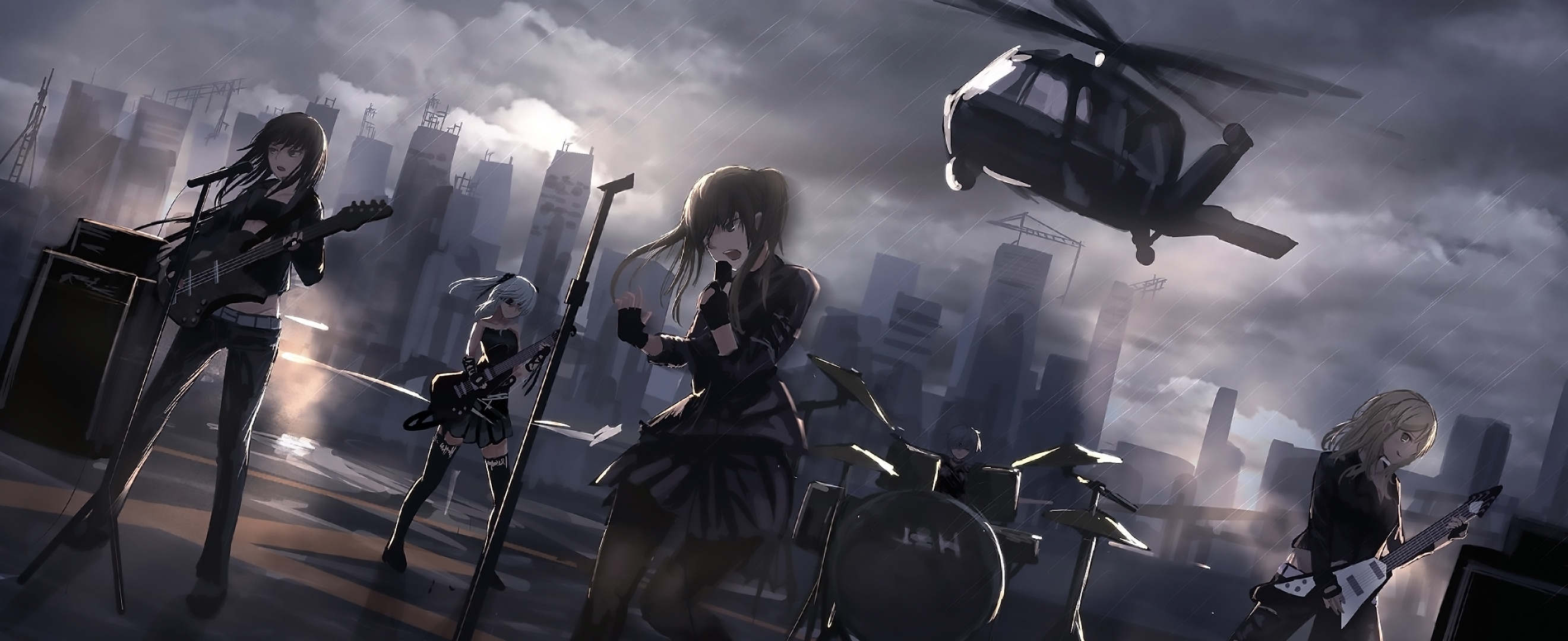 Band Building Dress Guitar Helicopter Long Hair White Hair Wallpaper Resolution 2640x1080 Id