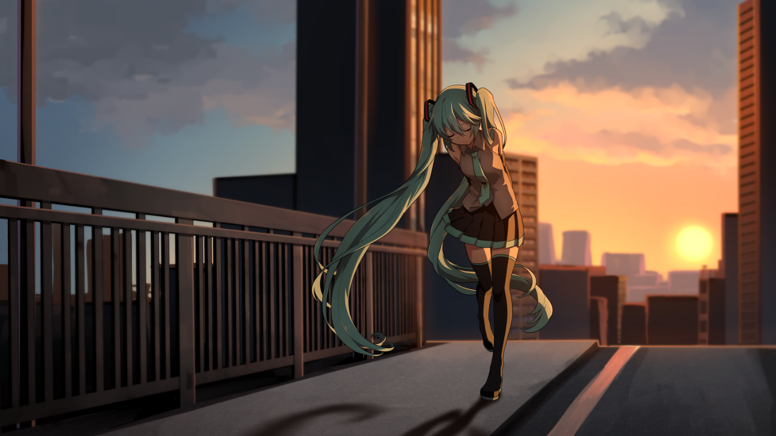 Hatsune Miku Sunset Dusk Bridge Road Railing 2560x1440